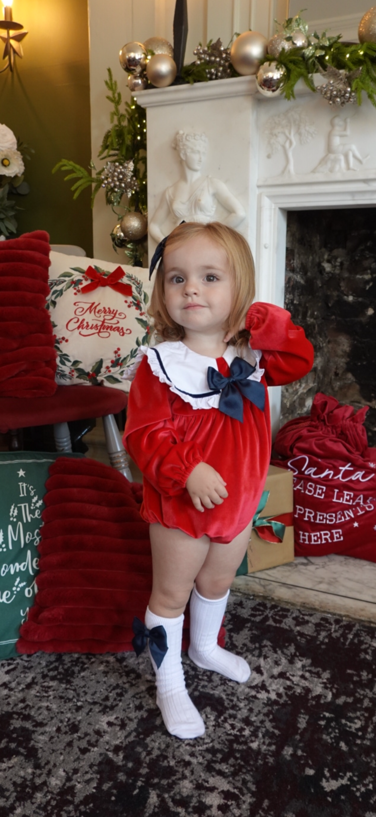 Gabby Girls Velvet Romper Socks & Hair Bow Pink Red
