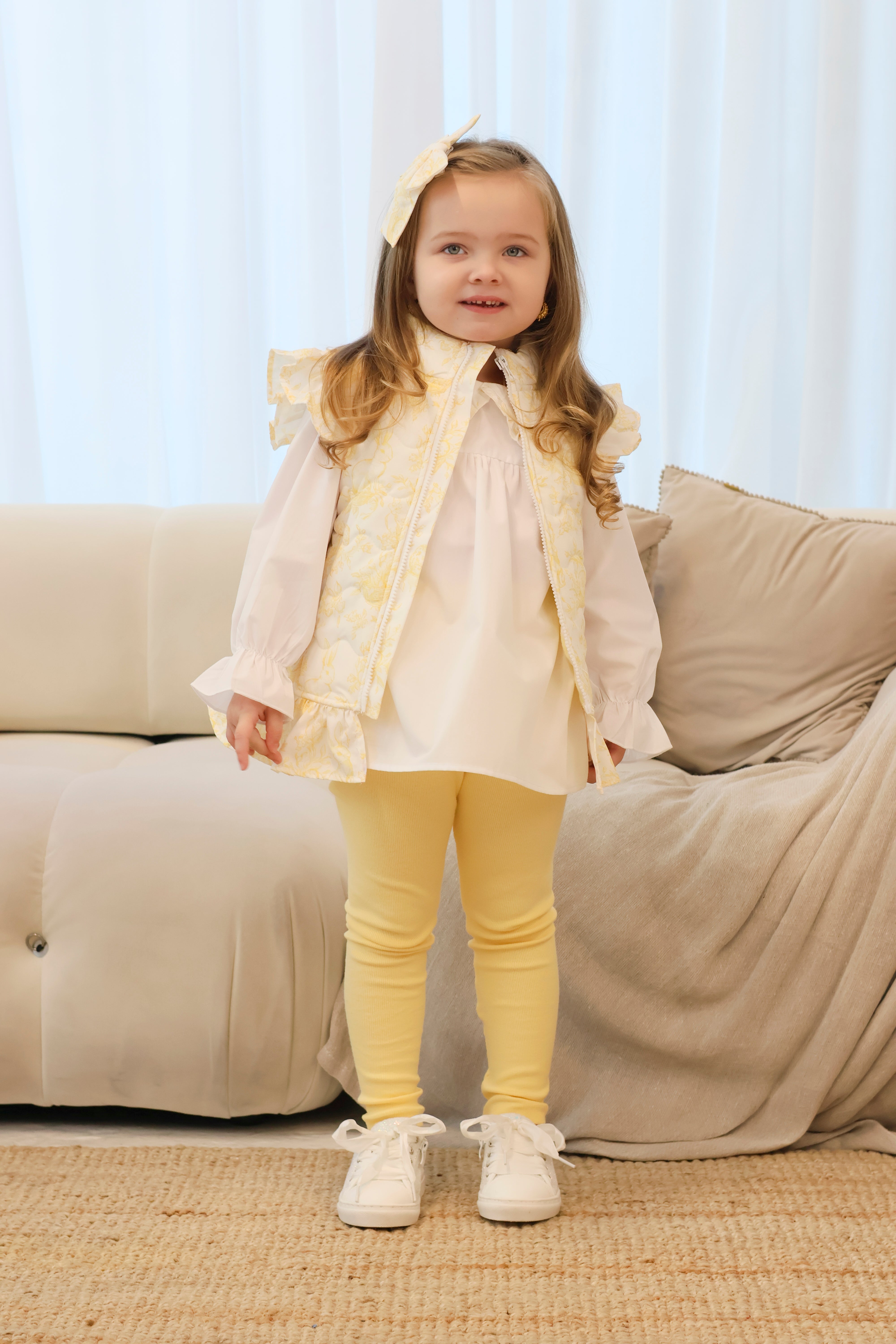 Girls Bunny Print 3 Piece Legging & Shirt Set With Gilet Lemon
