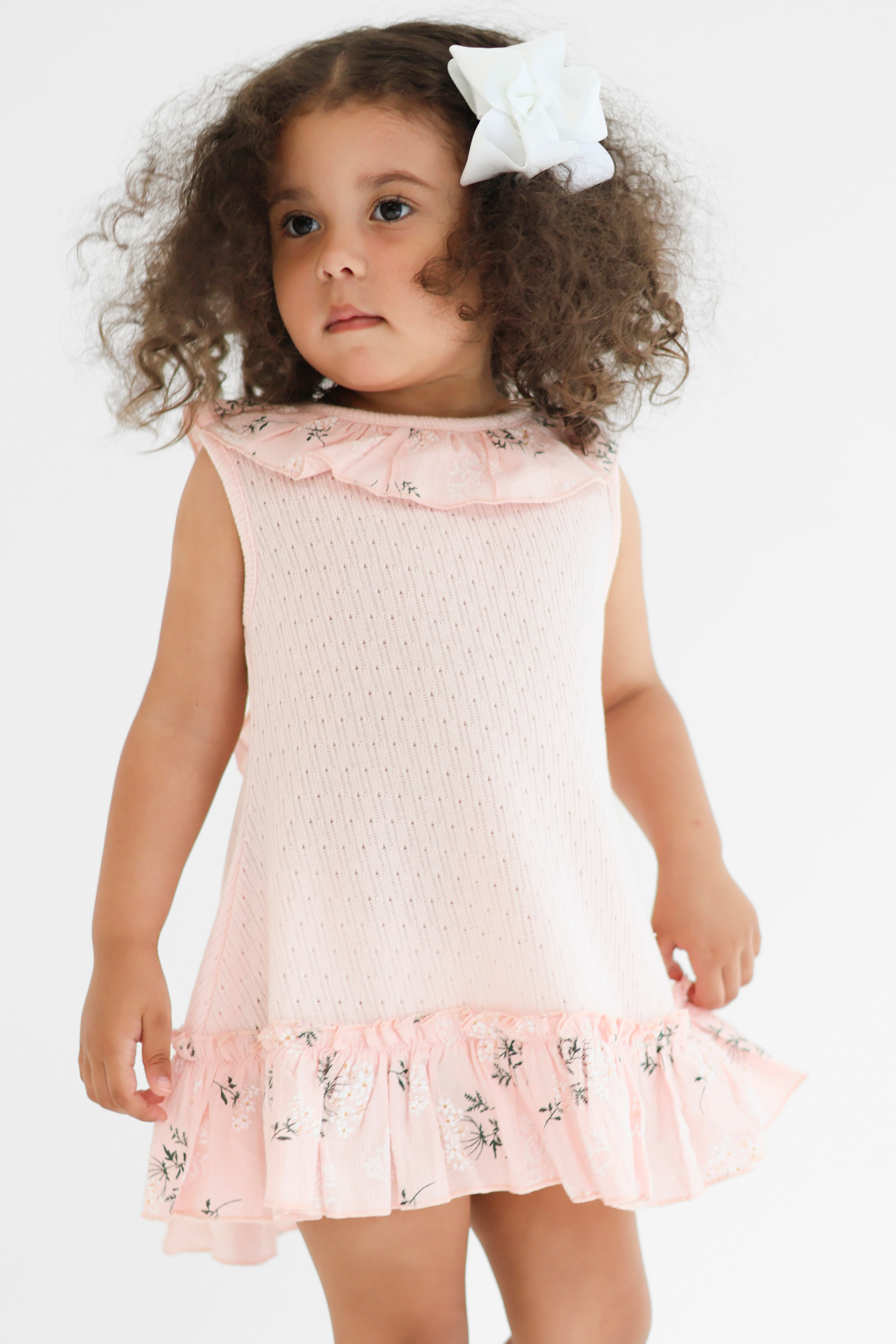 Eliza Girls Pink Knit Floral Bow Dress