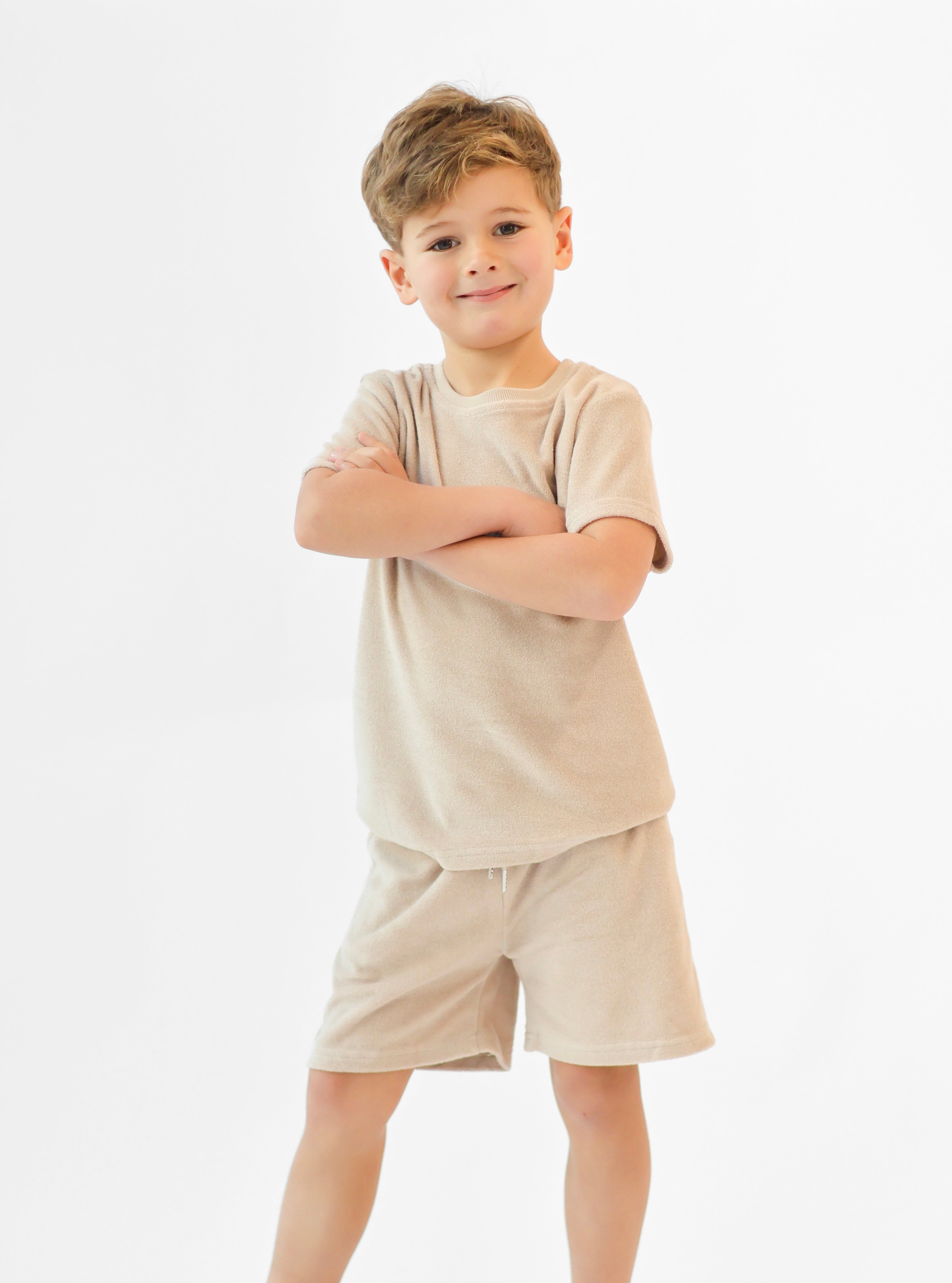 Bobby Terry Towelling Boys Plain Short Set Beige