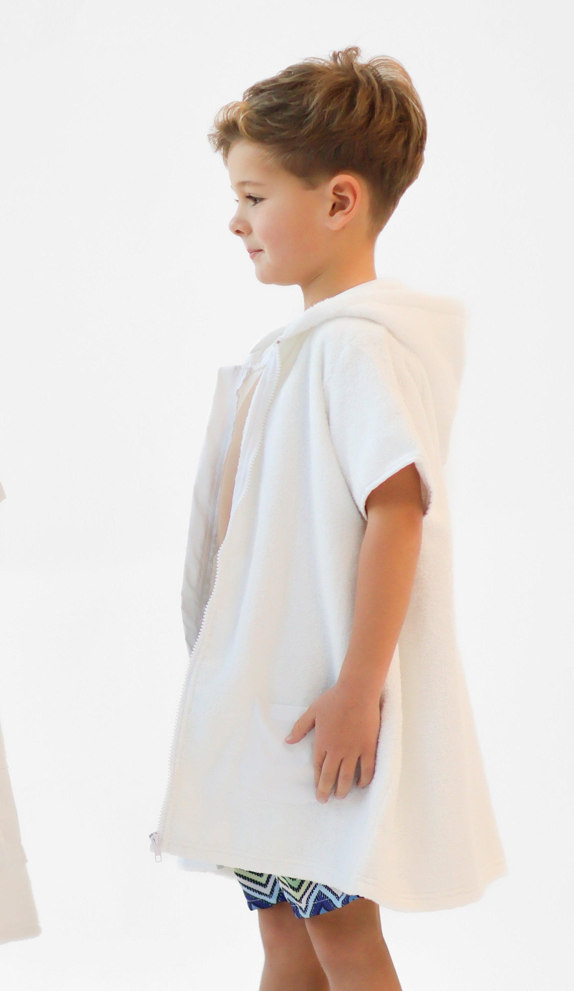 Boys White Towel Zip Up Poncho