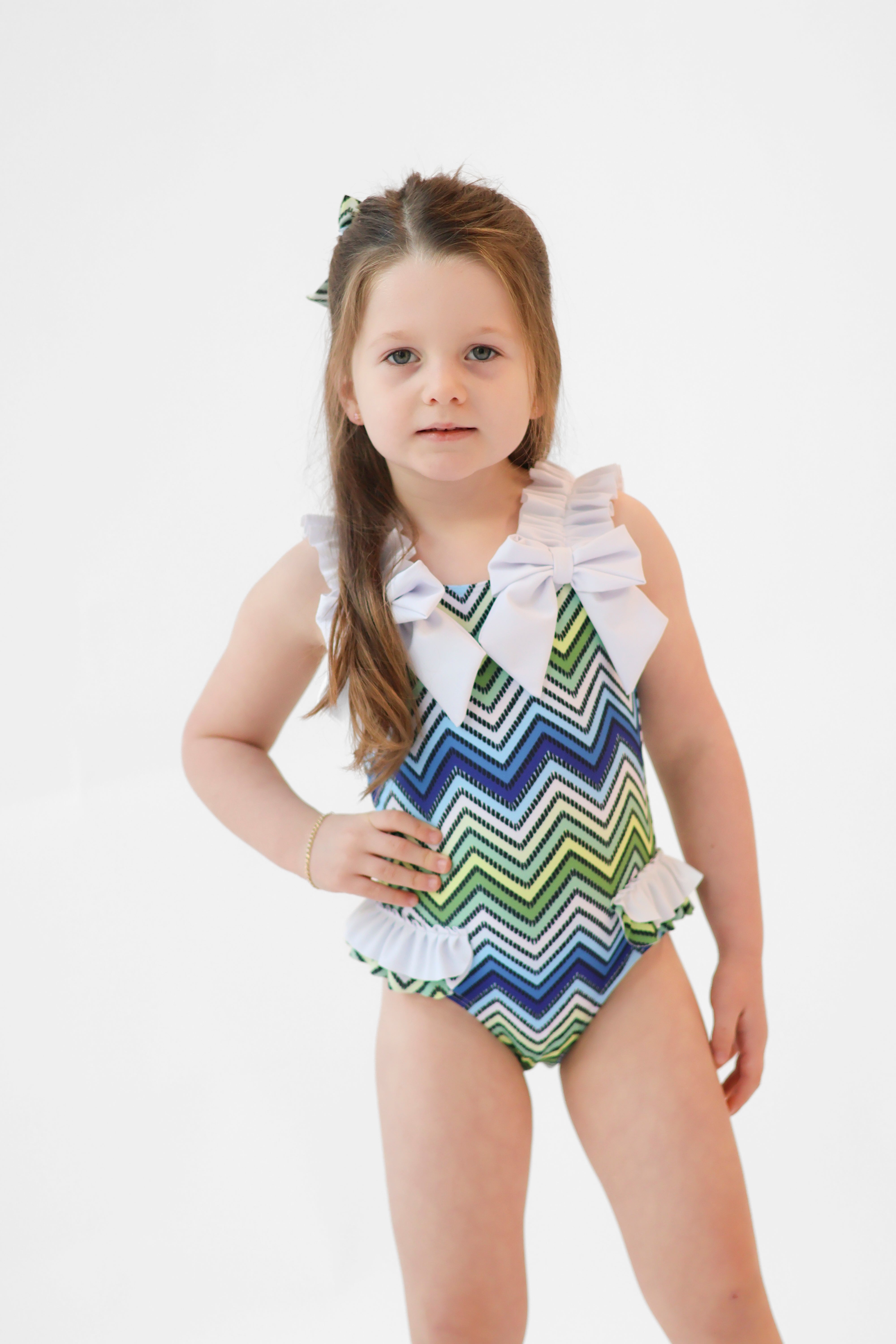 Becky Girls Blue Chevron Print Frilly Swimming Costume