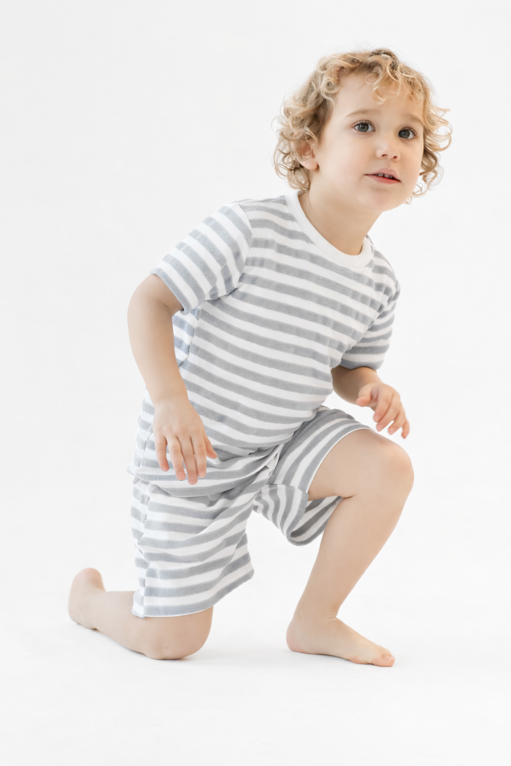 Archie Boys Terry Towelling Striped Shorts & T-Shirt Grey