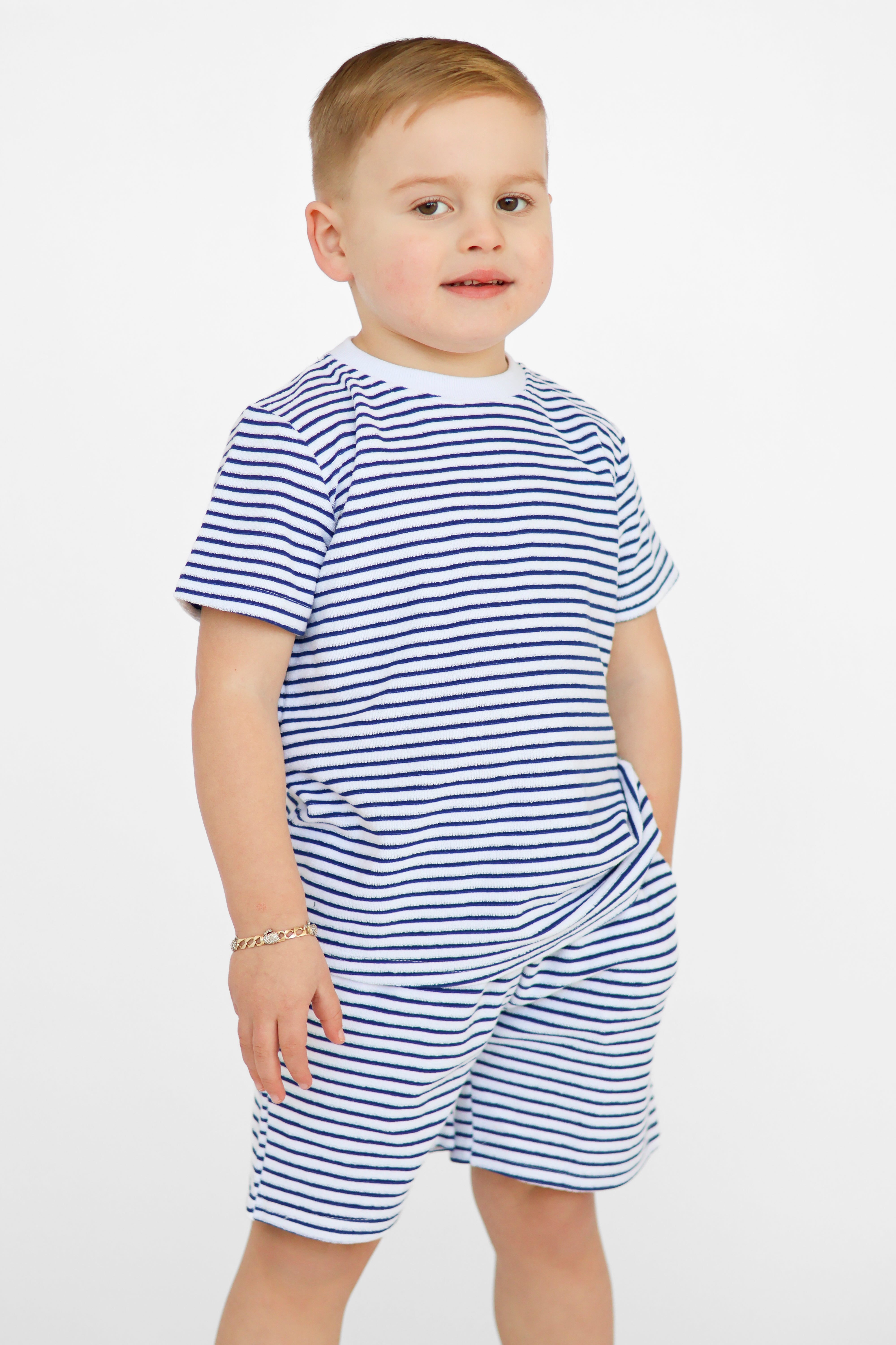 Leo Boys Stripe Towelling Plain Shorts & T-Shirt Set Navy