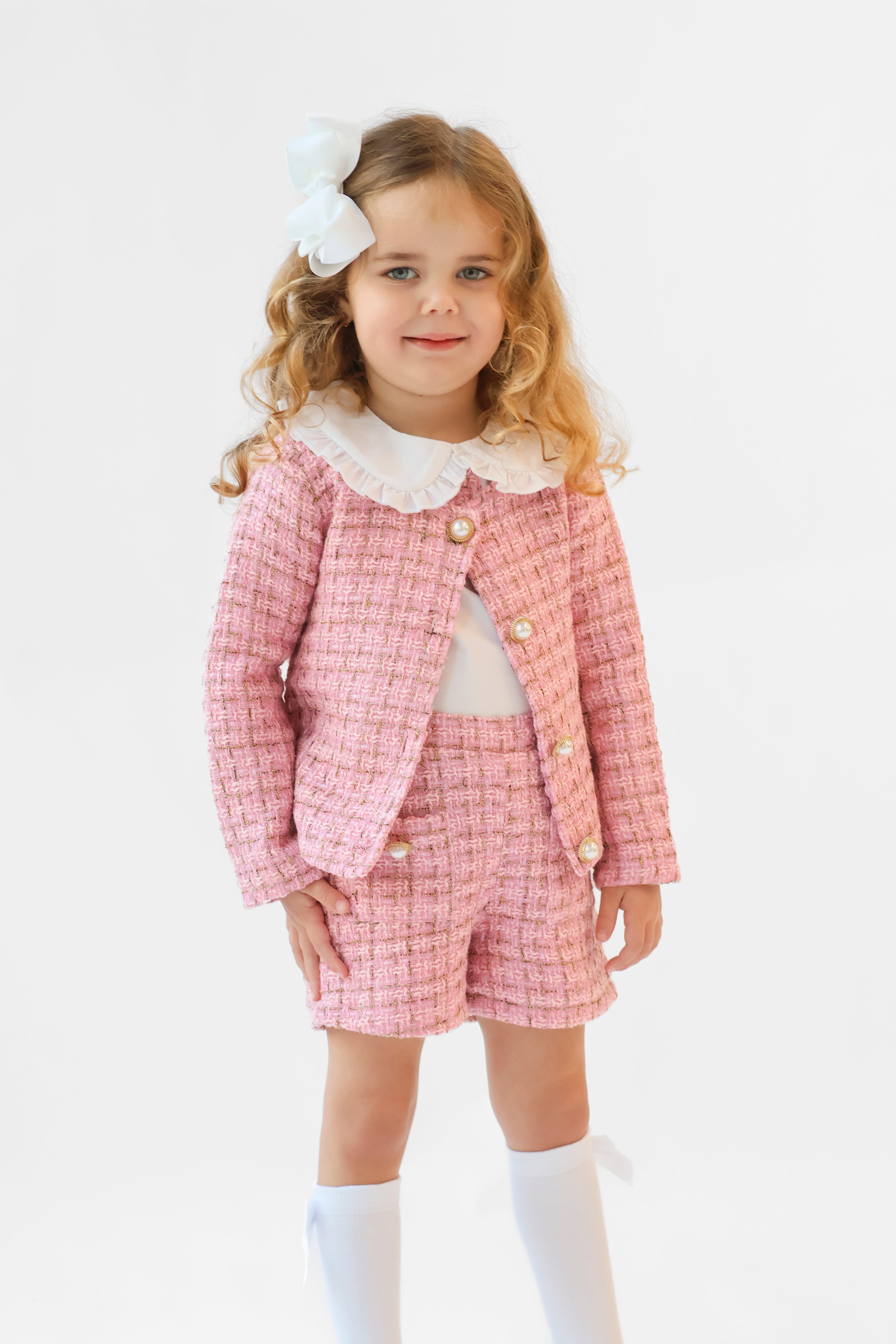 Aria Girls Tweed Look 3 Piece Socks & Hair Bow Pink