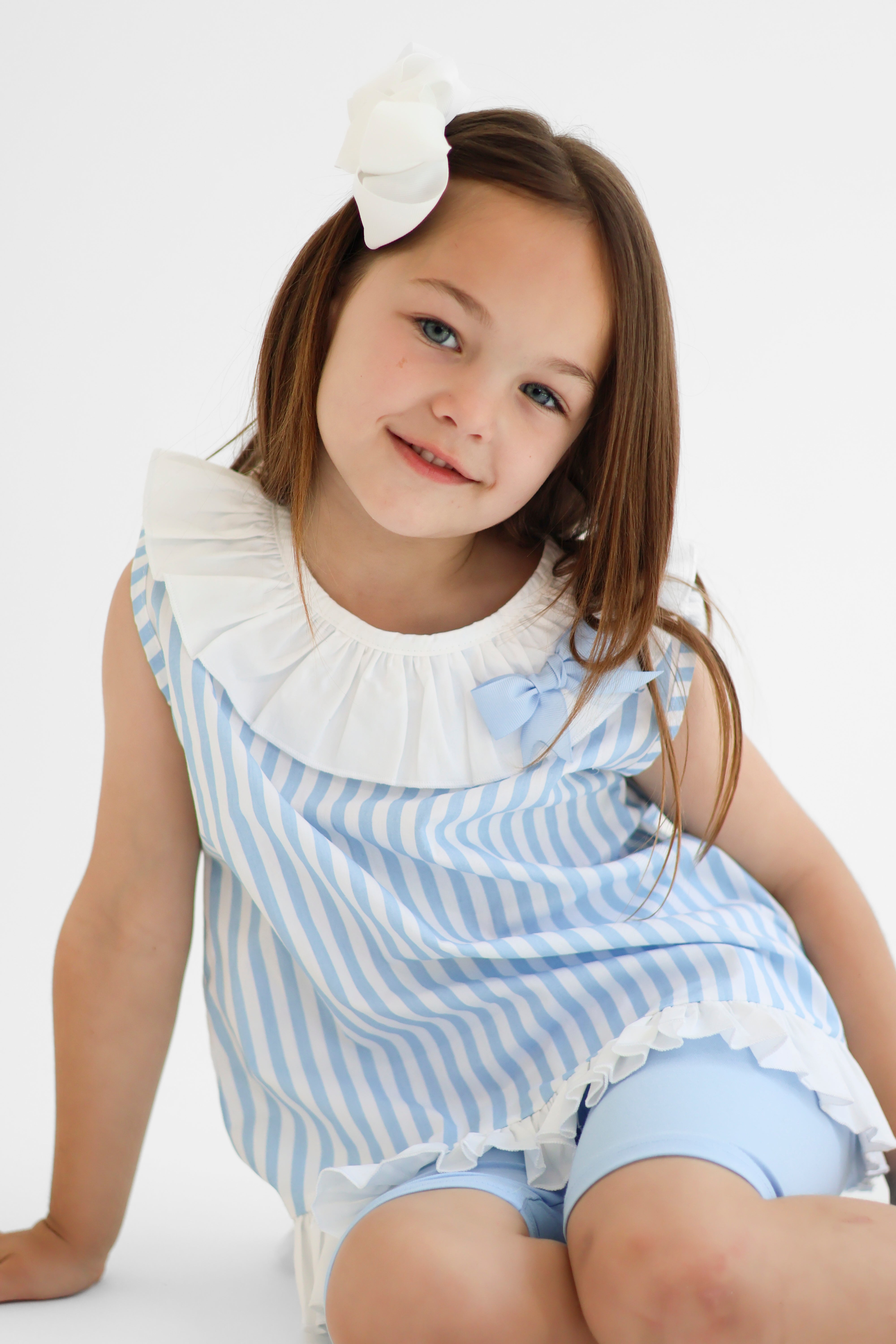 Perrie Girls Blue Stripe Frilly Shirt & Cycling Shorts Set