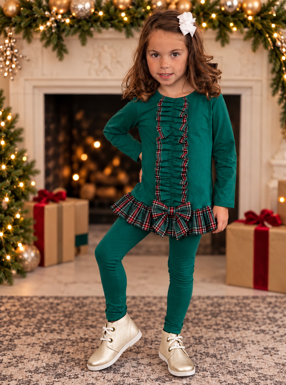 Pippa Girls Tartan Frilly Bow Tracksuit Green