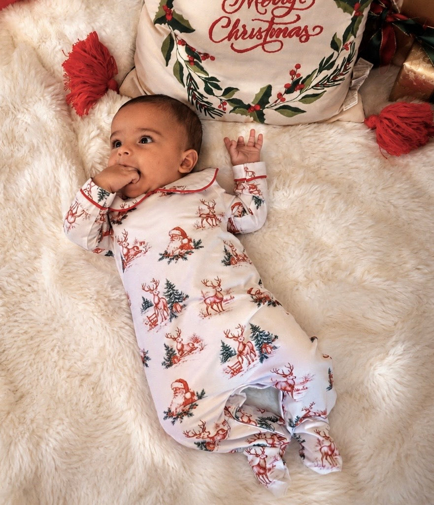 Vintage Toile Christmas Plain Collar Babygrow
