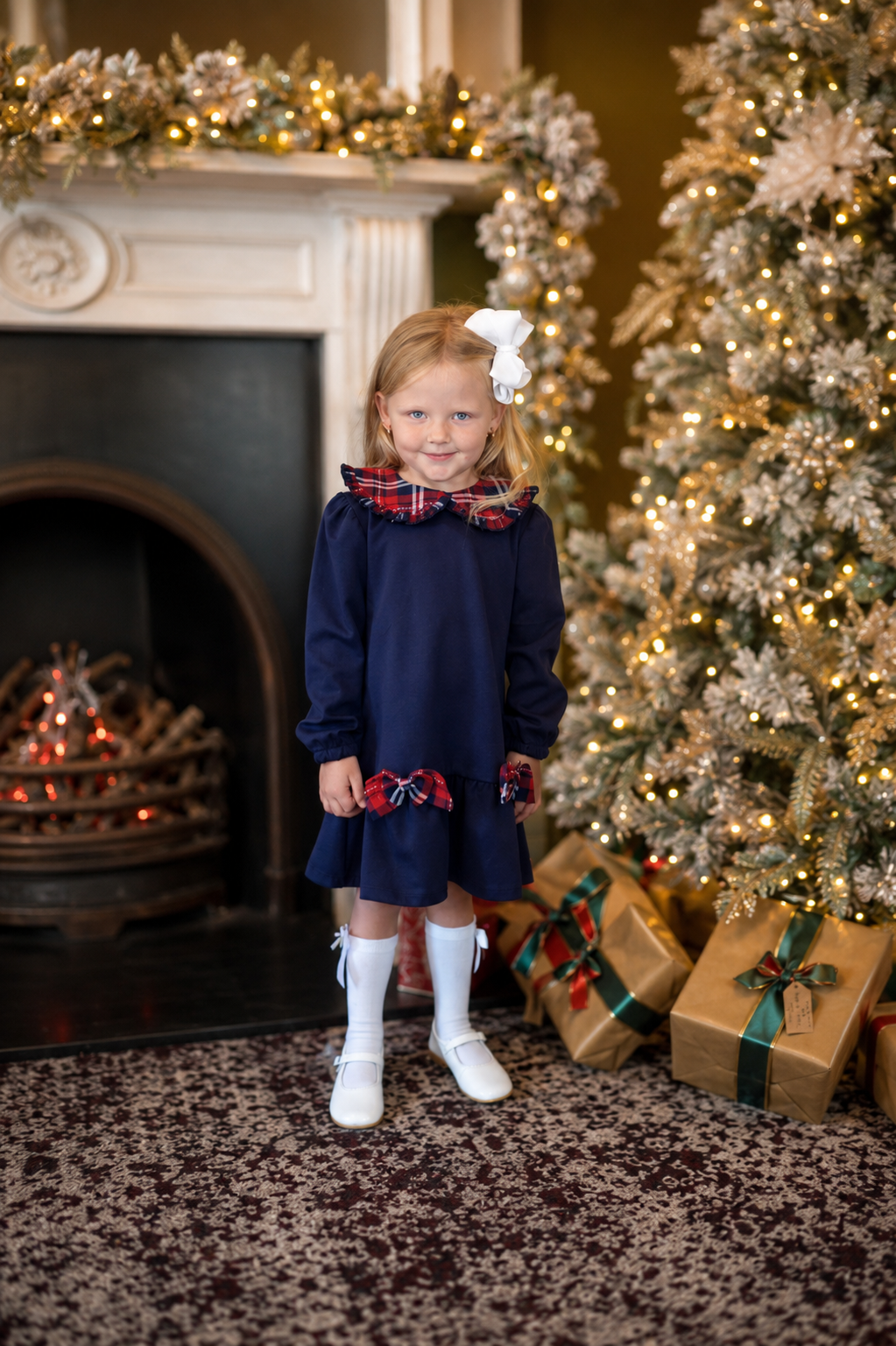 Esmae Girls Tartan Bow Frill Dress Navy