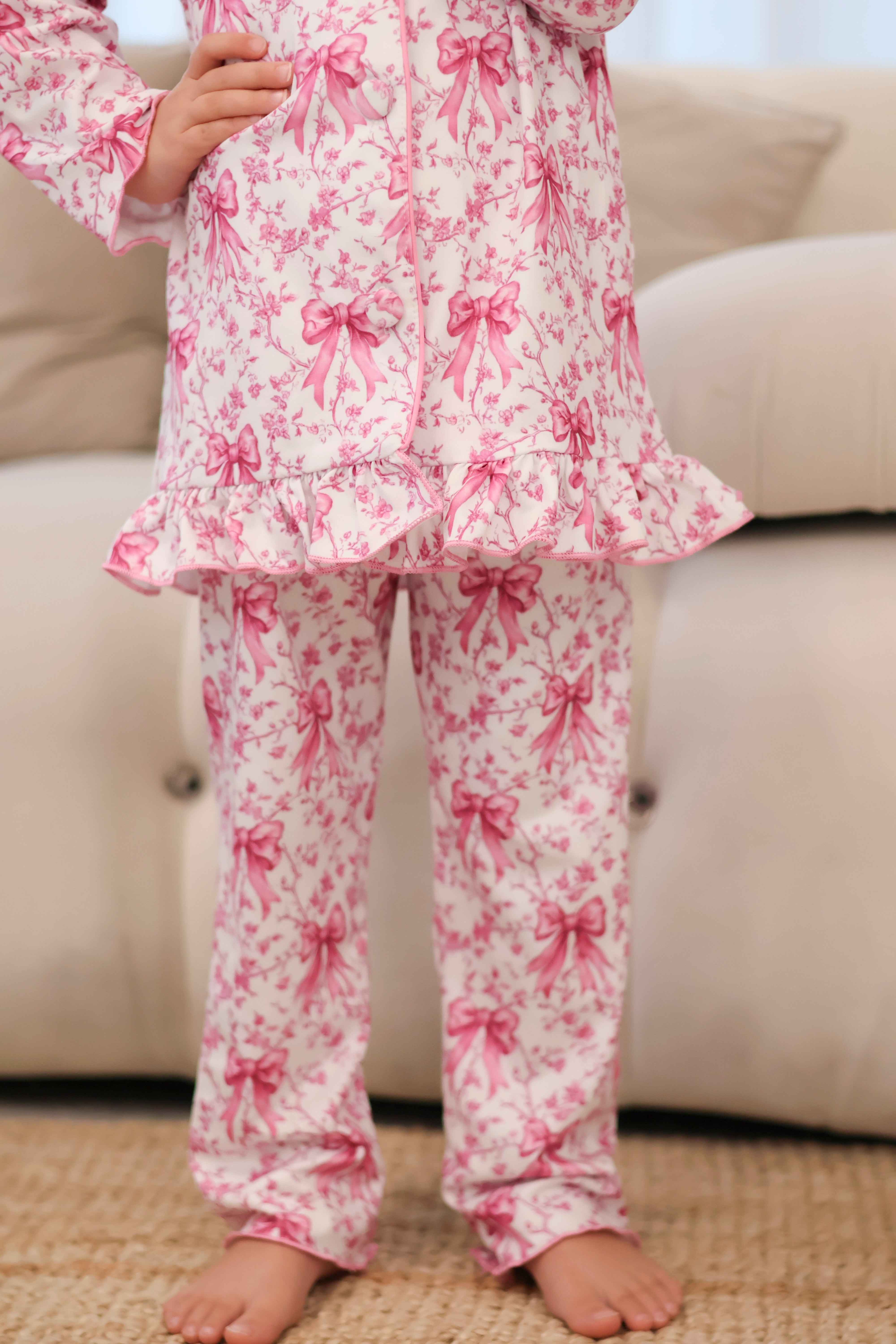 Bow Pink Print Girls Frilly Pink Pyjamas