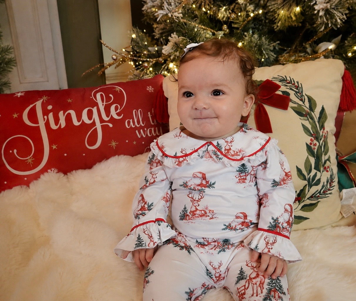 Vintage Toile Christmas Frilly Collar Babygrow