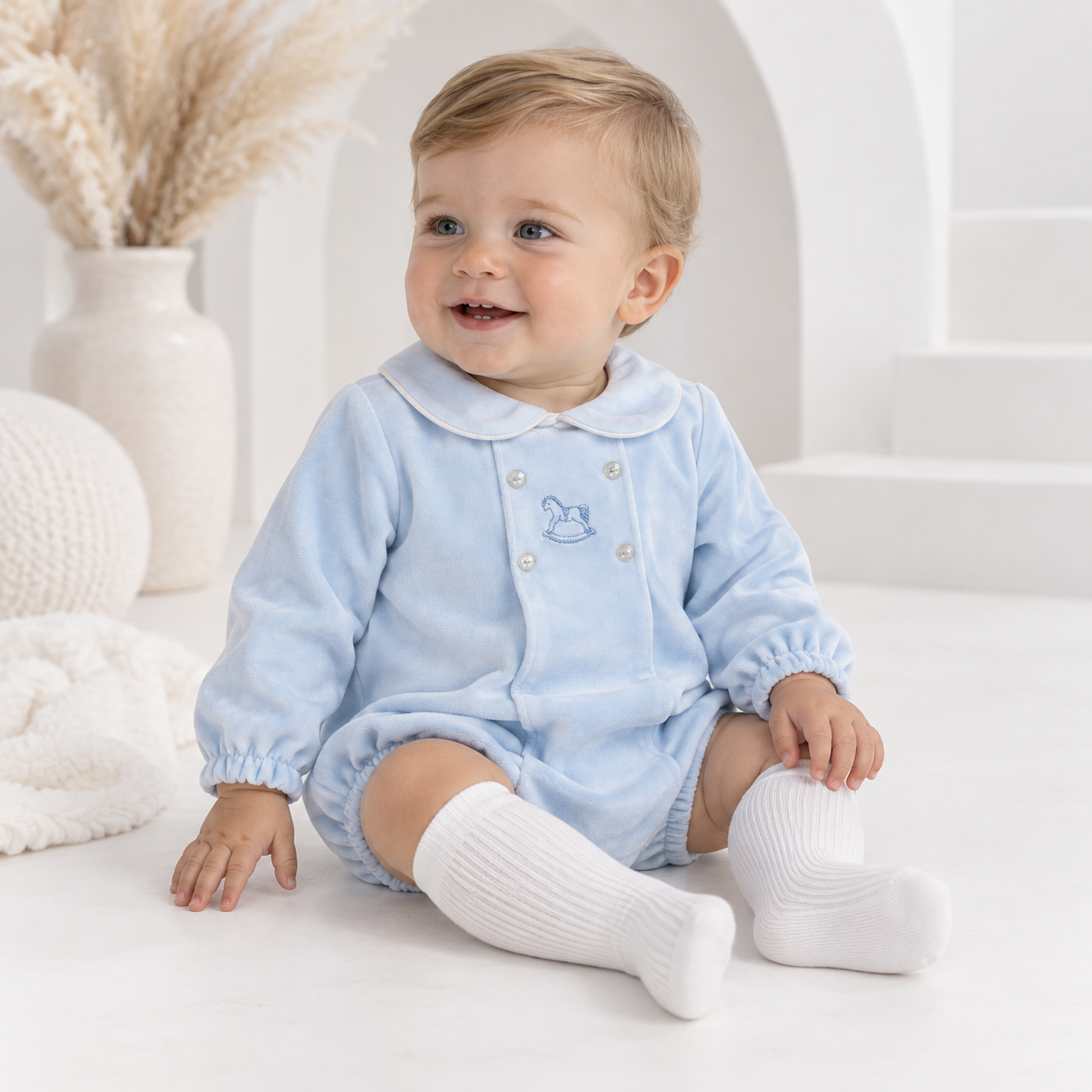 George Romper Peter Pan Collar Embroidery Horse Blue Velour