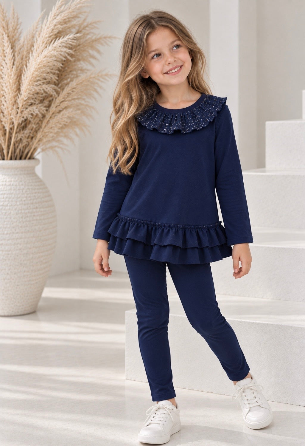 Darla Ribbed Girls Jumper & Legging Tracksuit Set Navy
