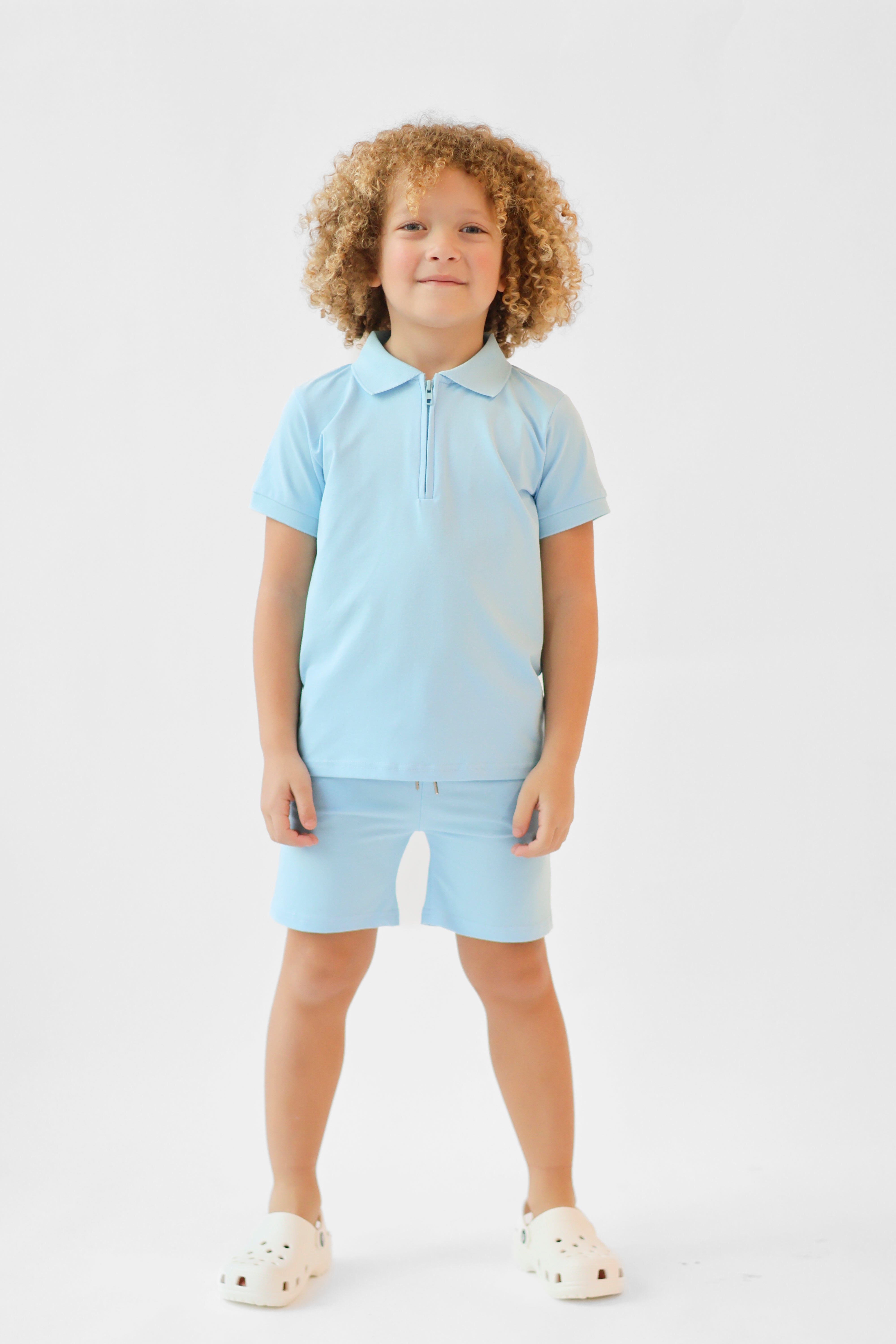Jay Boys Plain Zip Up Polo Short Set Blue