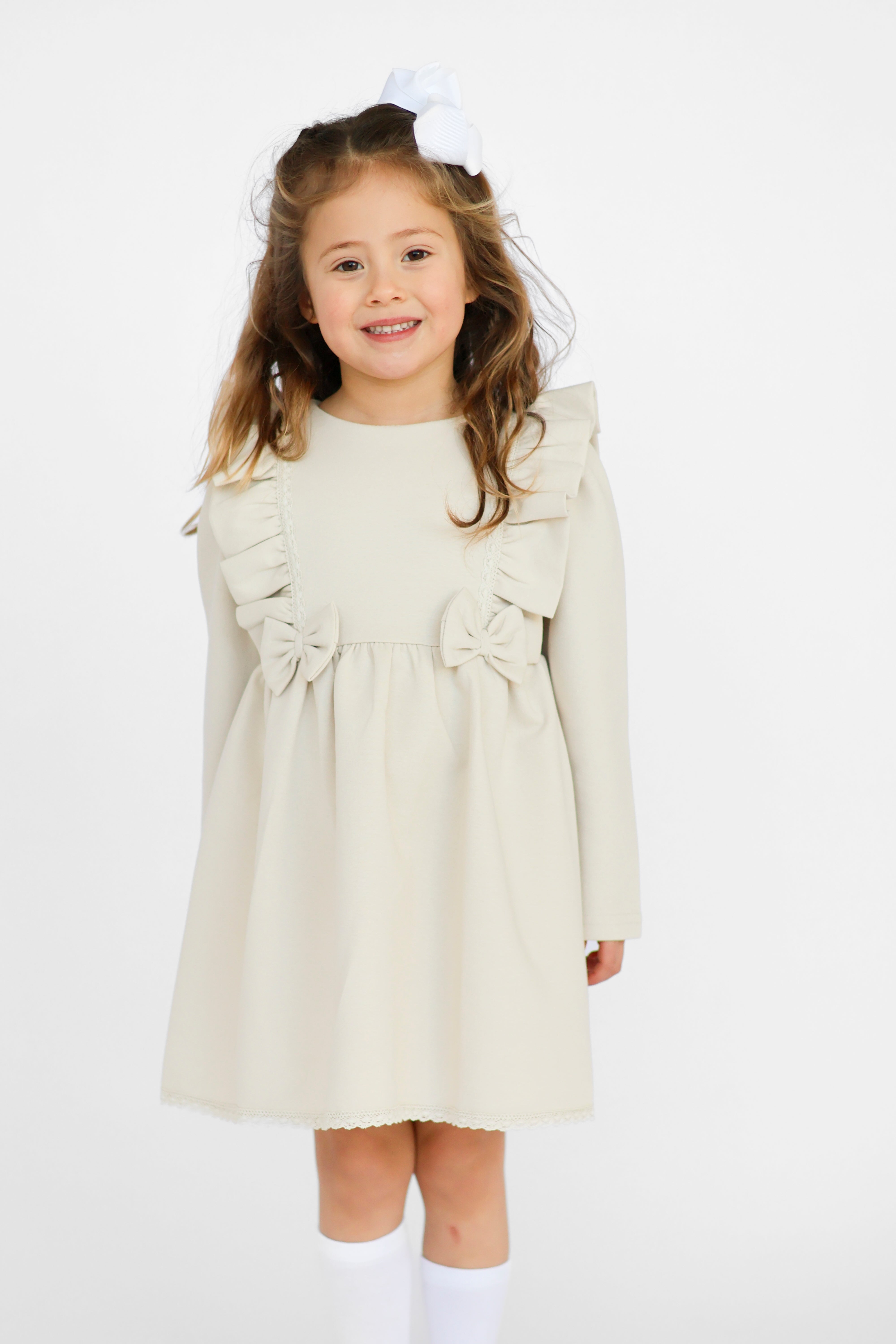 Bella Girls Bow Frill Dress Beige