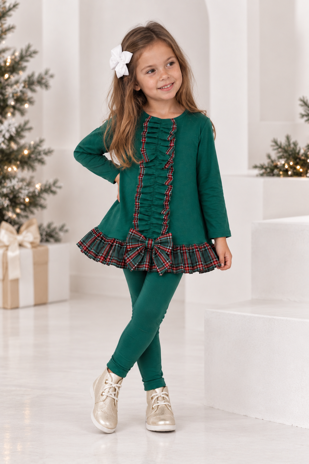 Pippa Girls Tartan Frilly Bow Tracksuit Green
