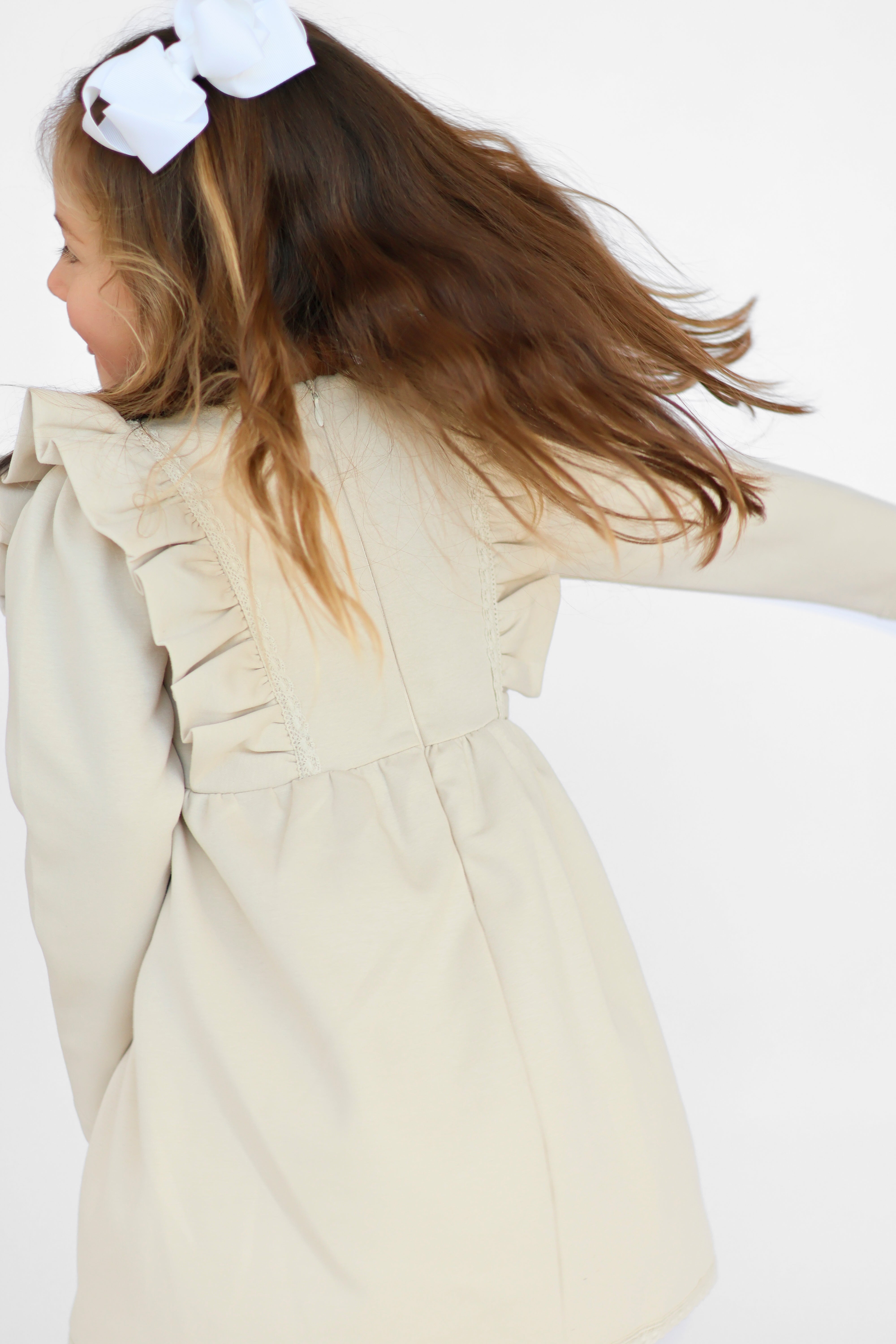Bella Girls Bow Frill Dress Beige