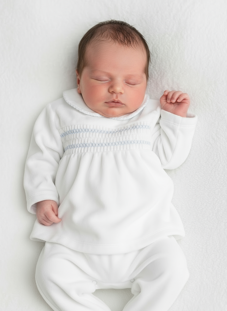 14228 Babidu White & Blue Velour Baby Set