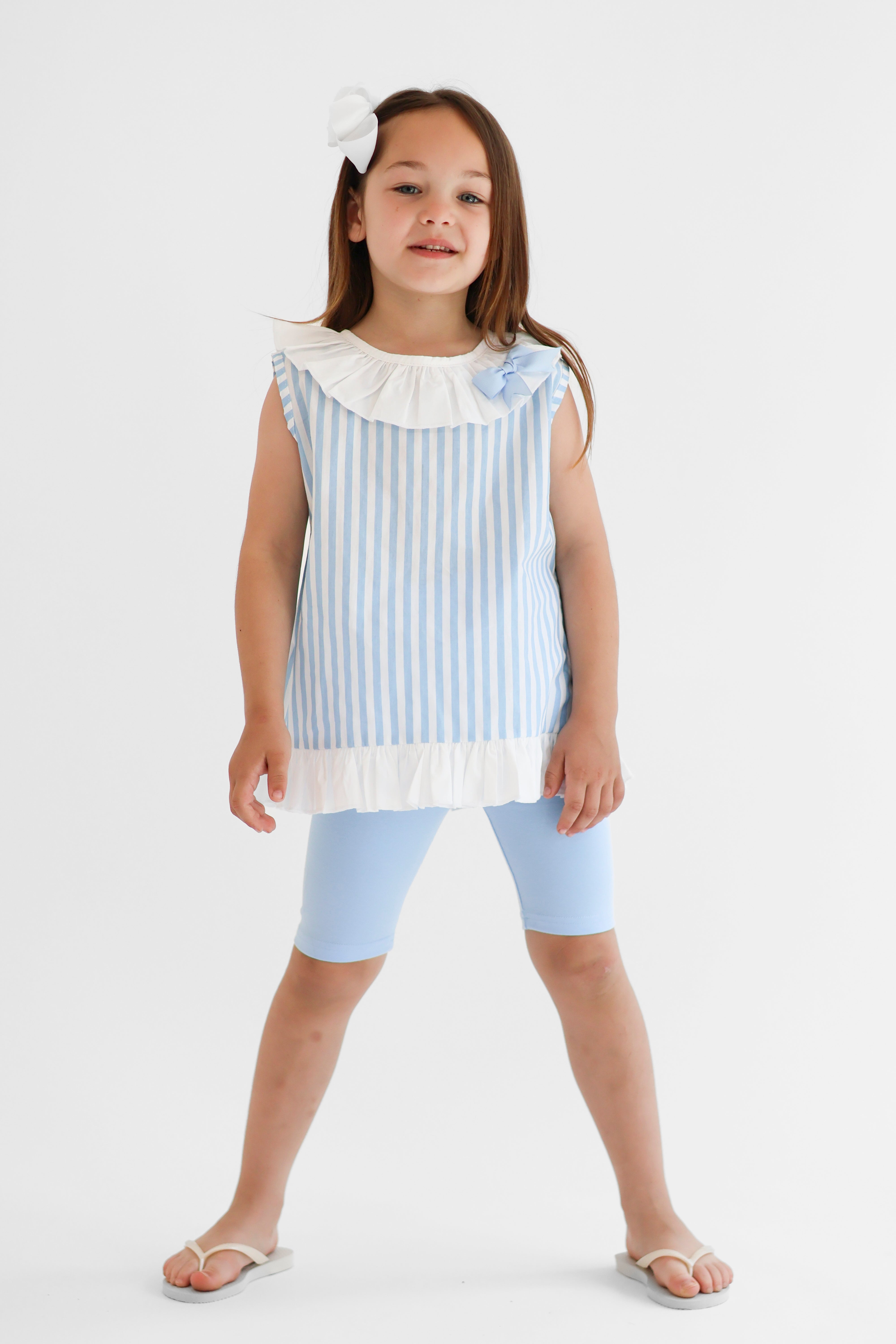 Perrie Girls Blue Stripe Frilly Shirt & Cycling Shorts Set