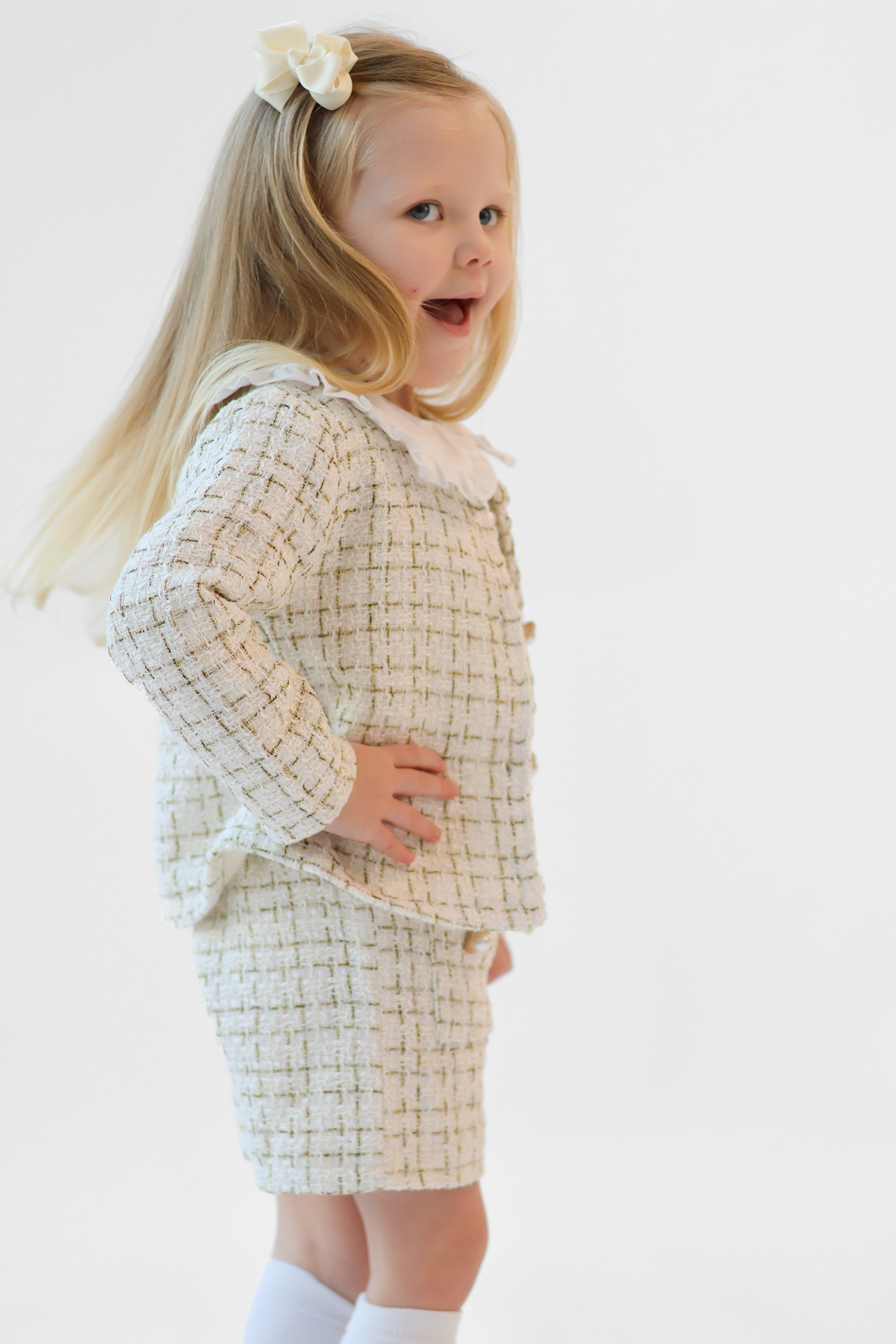 Aria Girls Tweed Look 3 Piece Socks & Hair Bow Cream