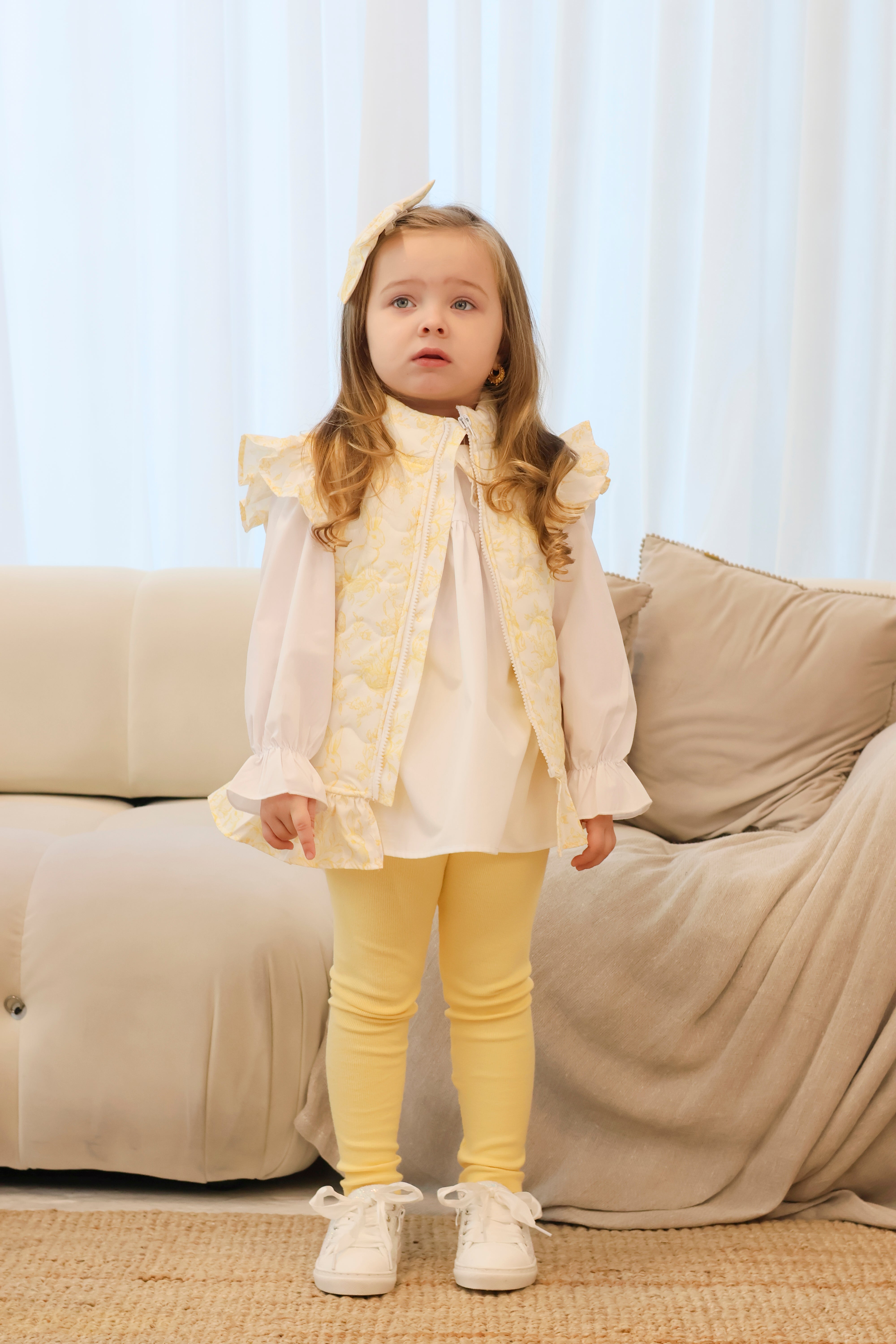 Girls Bunny Print 3 Piece Legging & Shirt Set With Gilet Lemon
