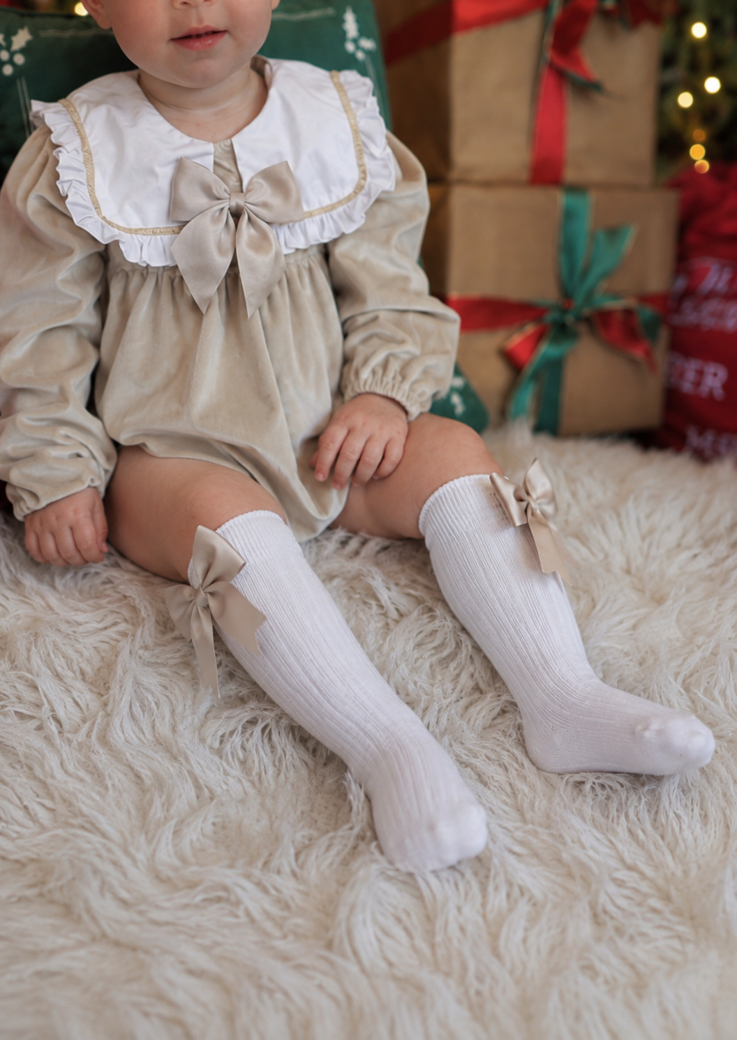 Gabby Girls Velvet Romper Socks & Hair Bow Pink Beige