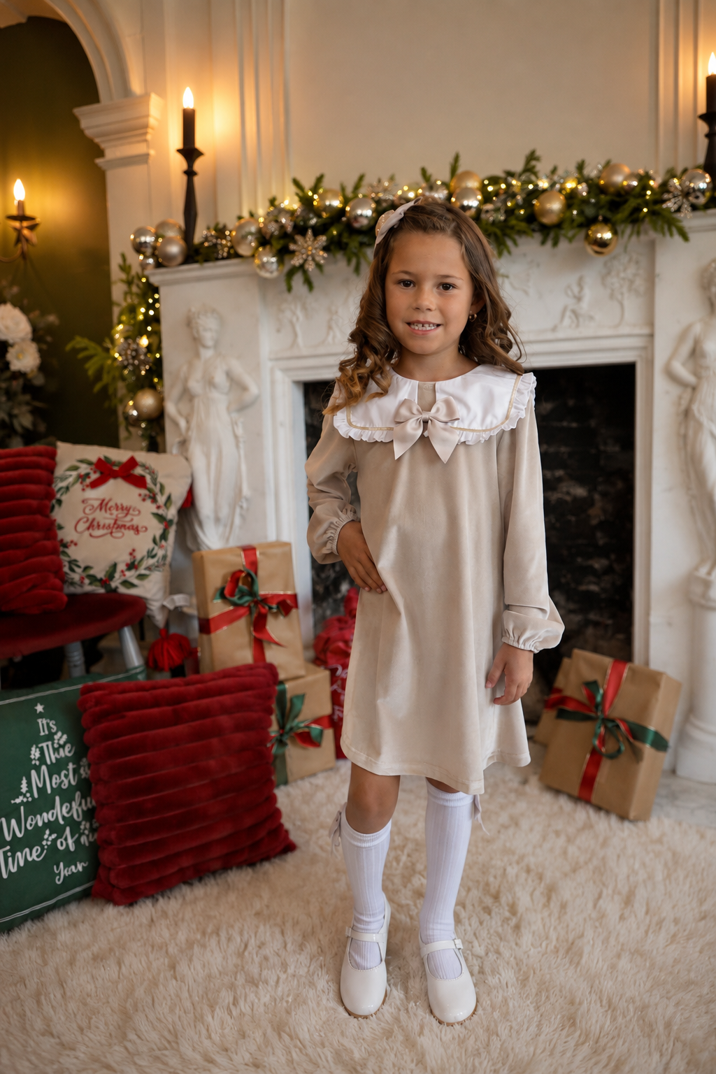Gigi Girls Velvet Dress Socks & Hair Bow Beige
