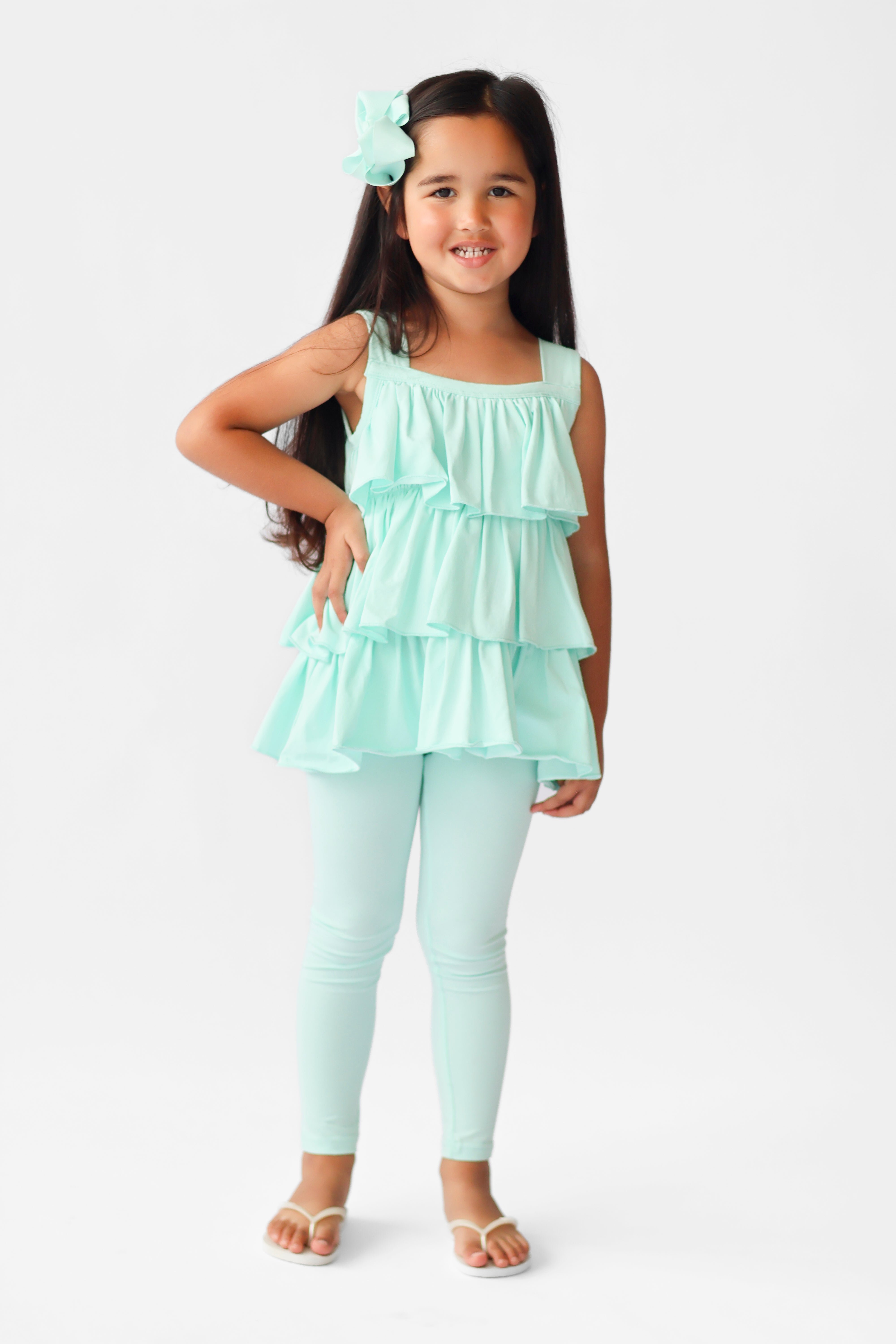Eva Girls Frilly Ruffle 3 Piece Top Shorts & Leggings Set Mint