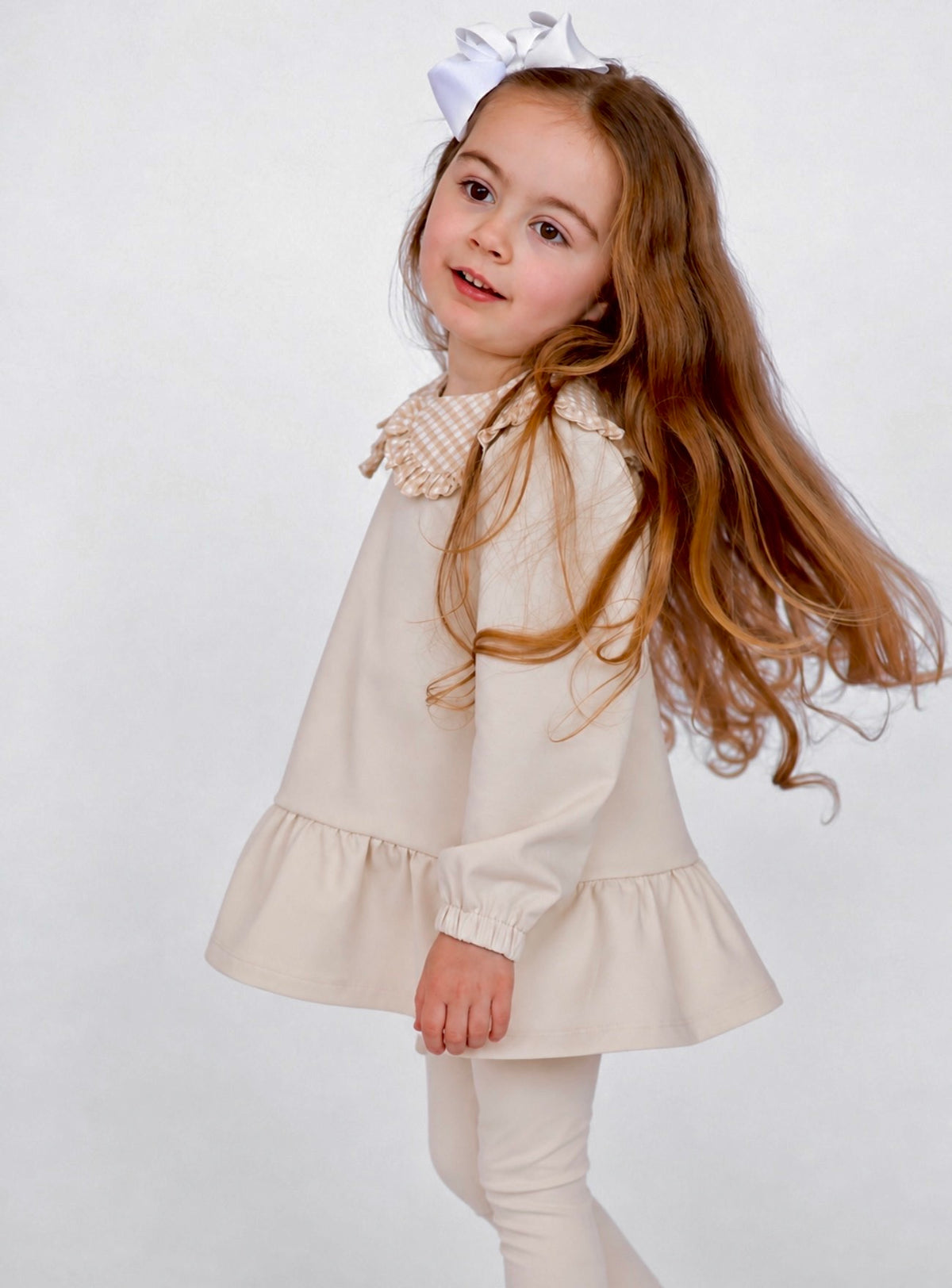 Posey Luxe Girls Checked  Jumper & Legging Tracksuit Set Beige