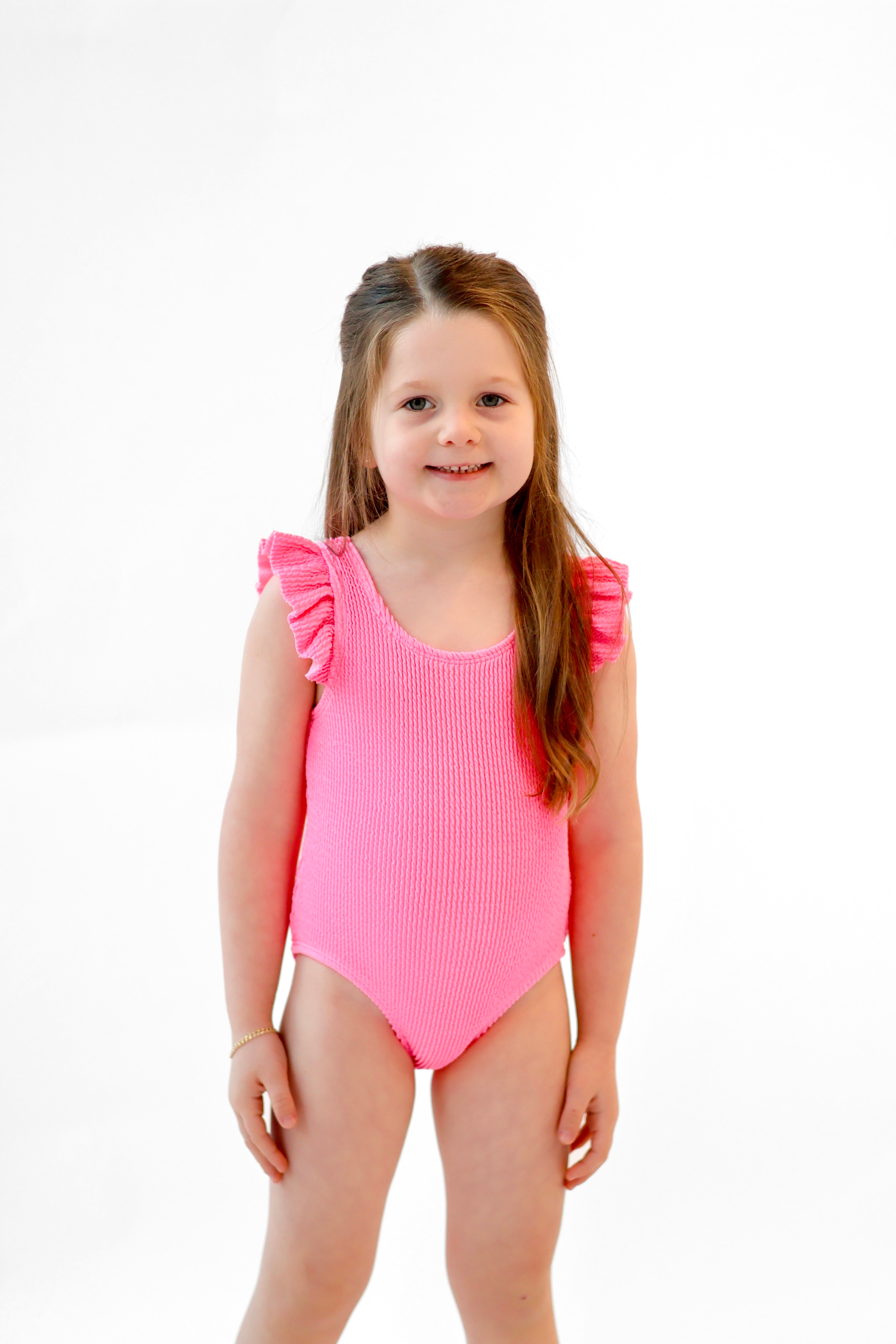 Lyla Girls Waffled Frilly Bow Swimming Costume Fuschia