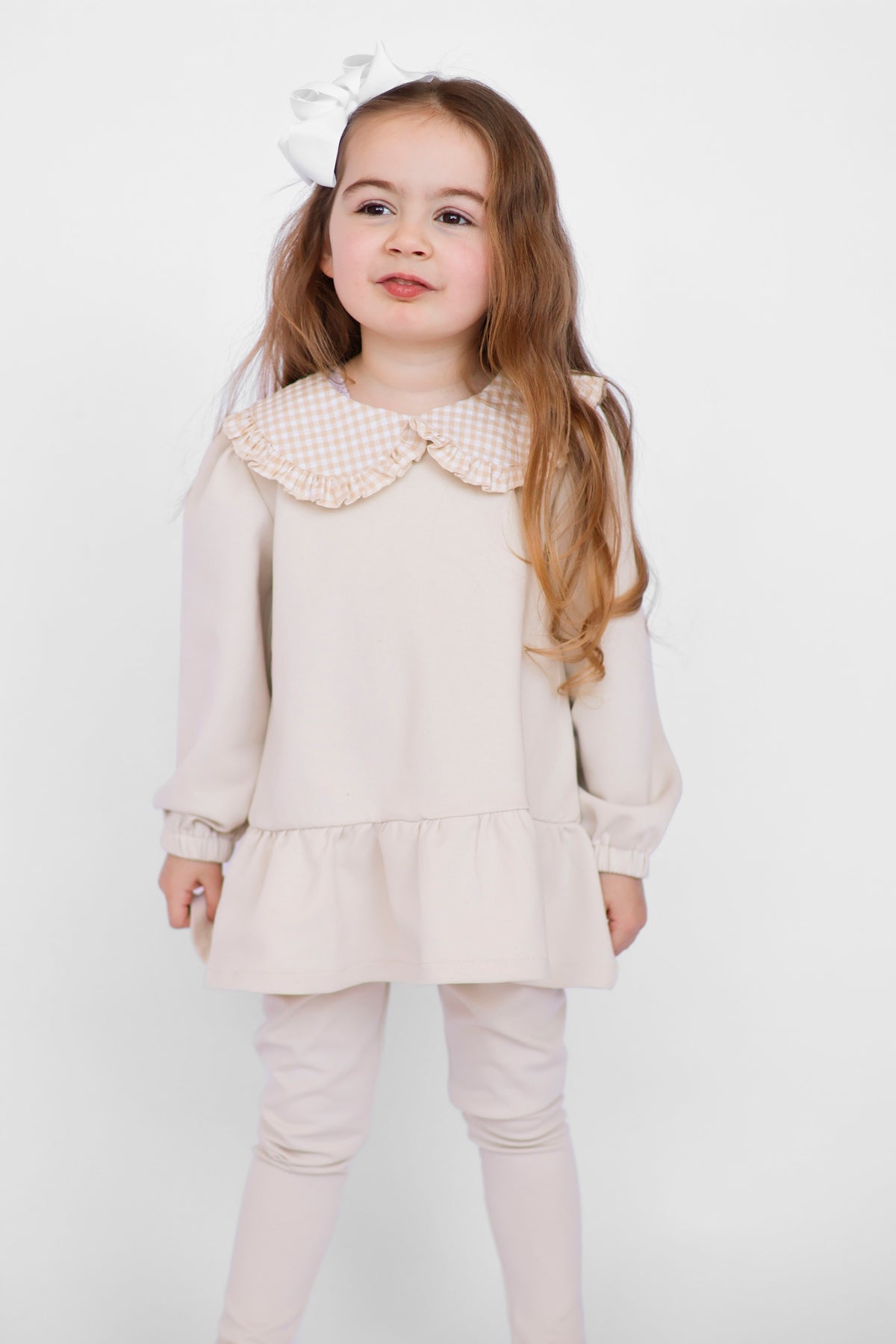 Posie Luxe Girls Check Collar Top & Legging Tracksuit Set Beige