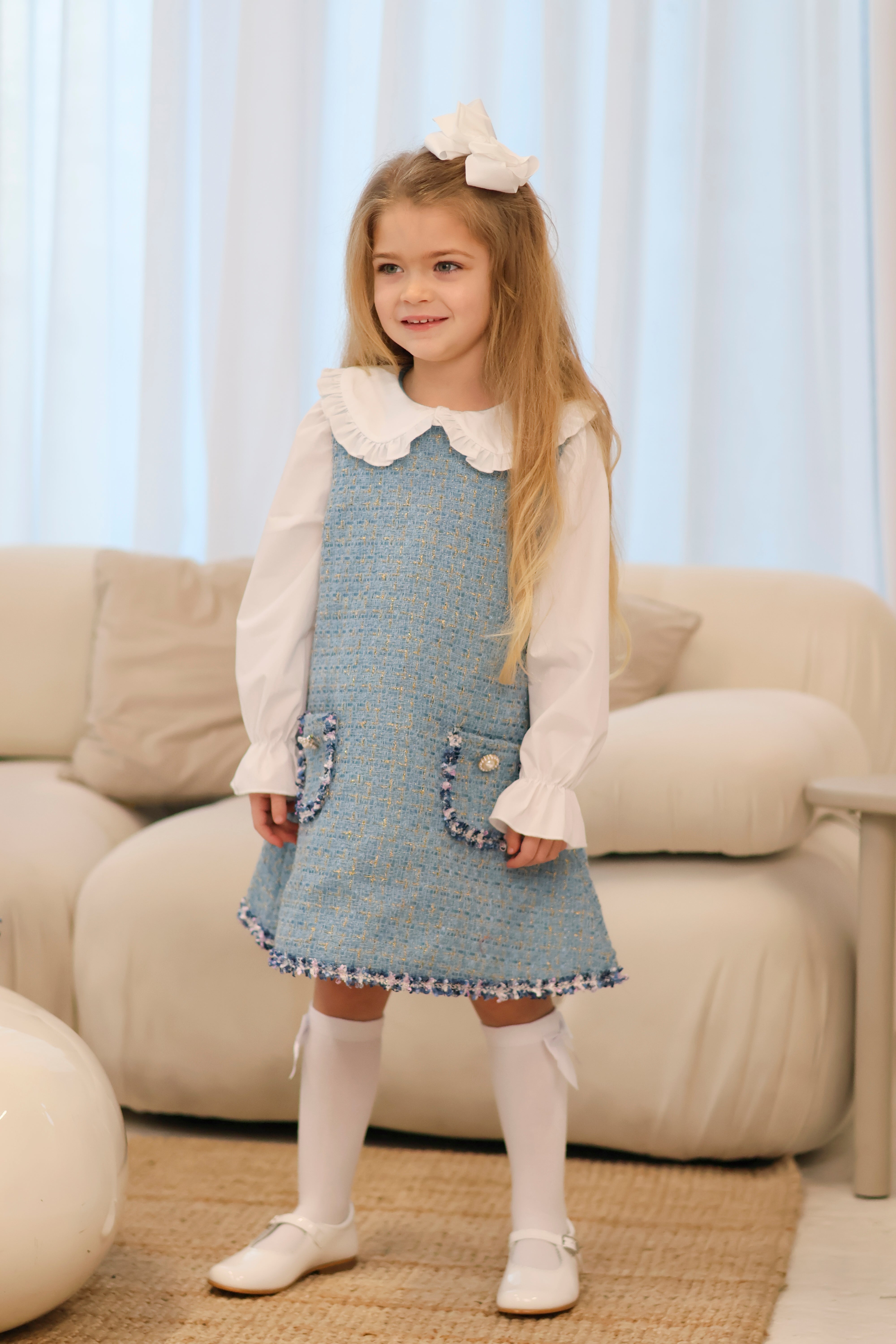 Bronte Girls Tweed Shirt Look Glitter Dress Blue