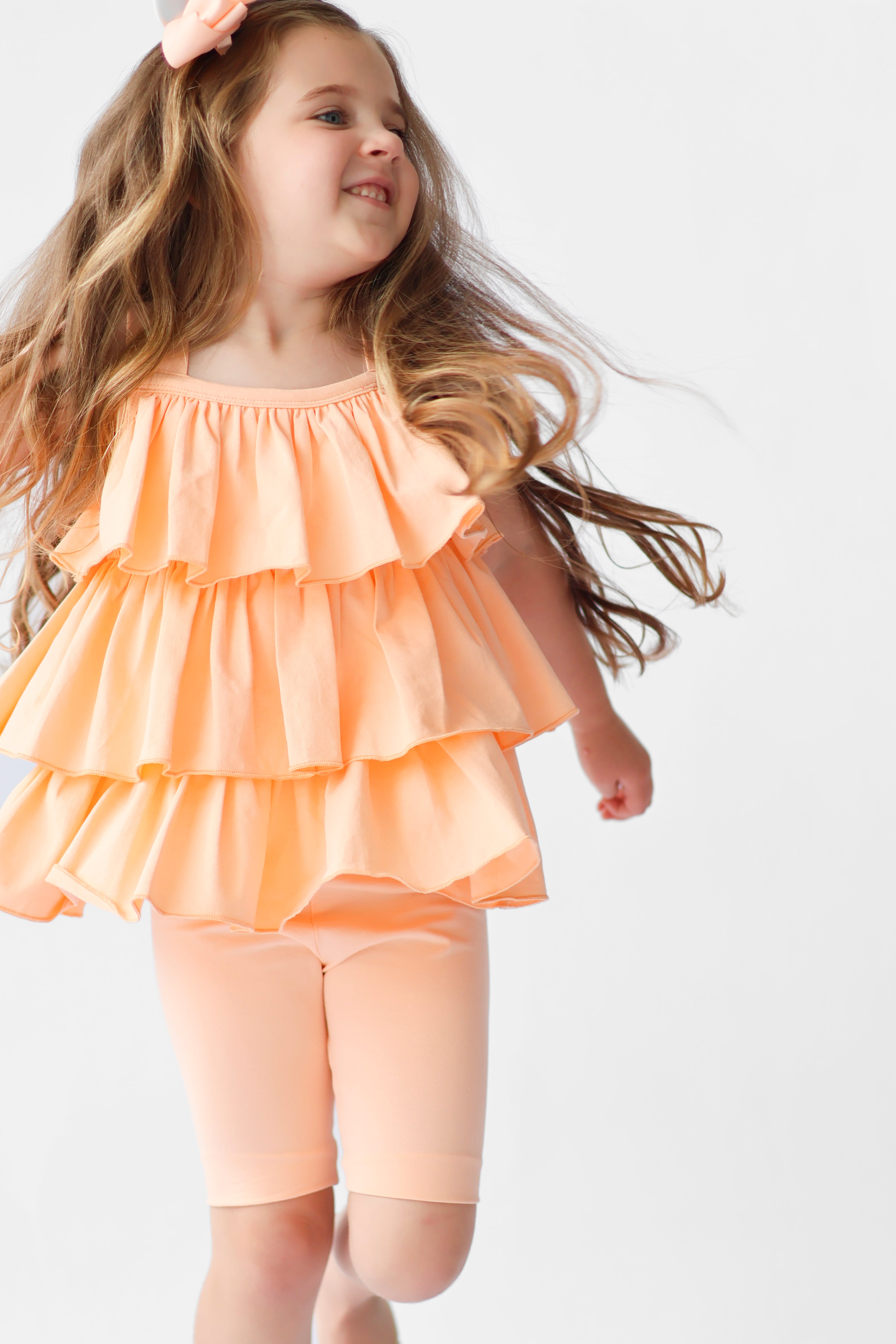 Eva Girls Frilly Ruffle 3 Piece Top Shorts & Leggings Set Peach