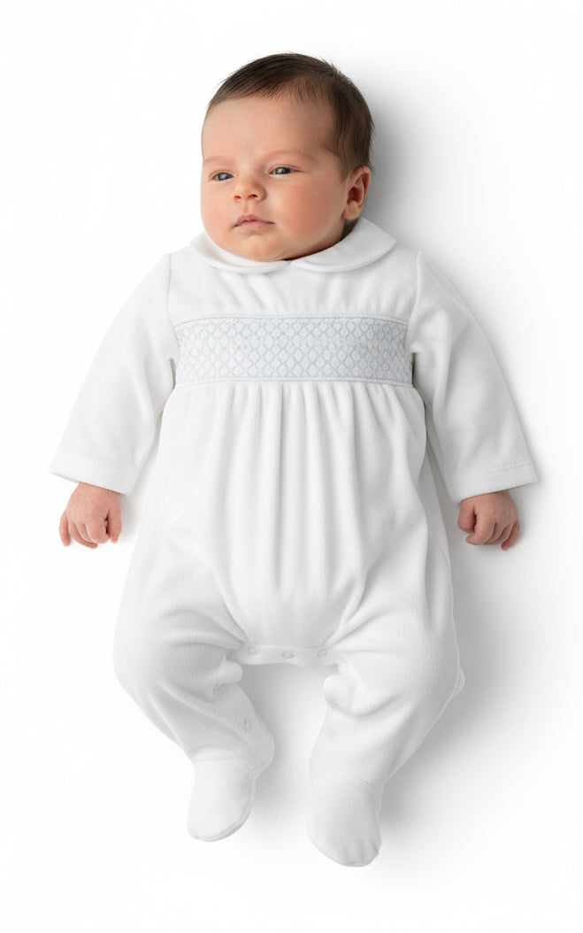 Albert White & Blue Smocked Velour Babygrow
