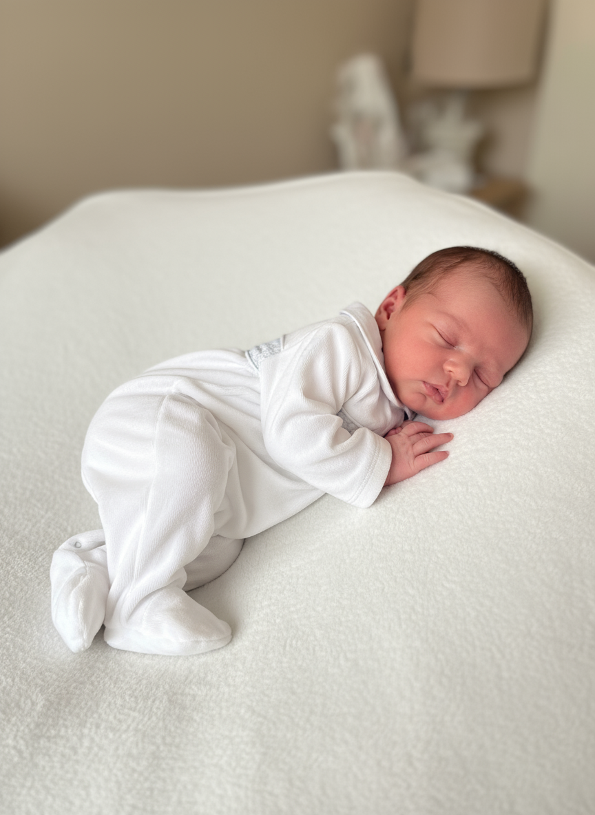 Albert White & Blue Smocked Velour Babygrow