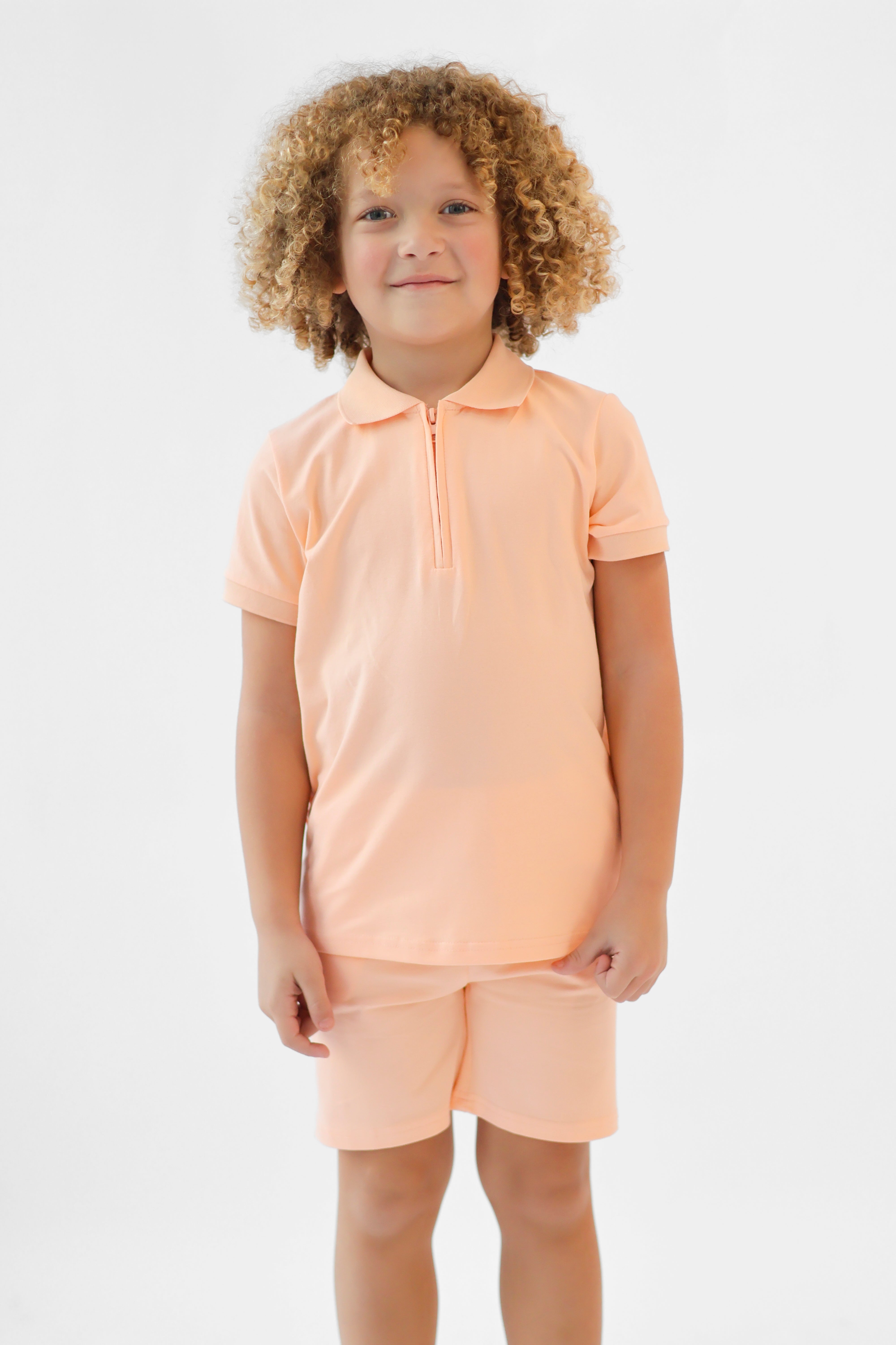 Jay Boys Plain Zip Up Polo Short Set Peach