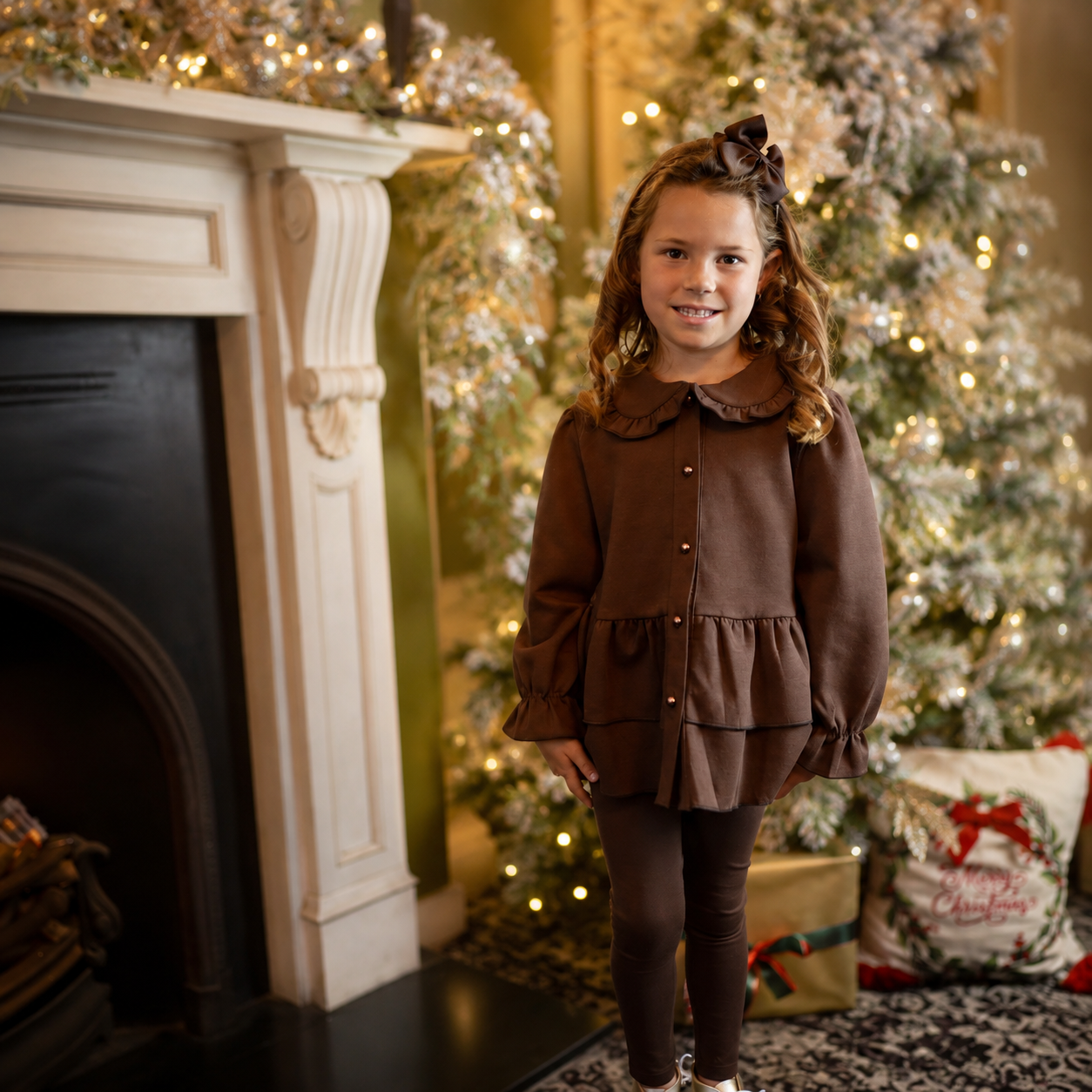 Elsie Luxe Girls Pearl Button Top & Legging Tracksuit Set Brown