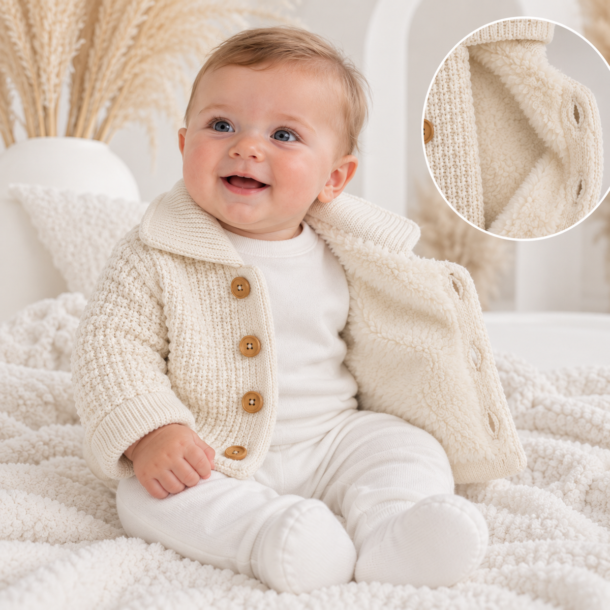 Finbar Fleece Lined Luxury Pex Baby Boys Knitted Jacket Cream