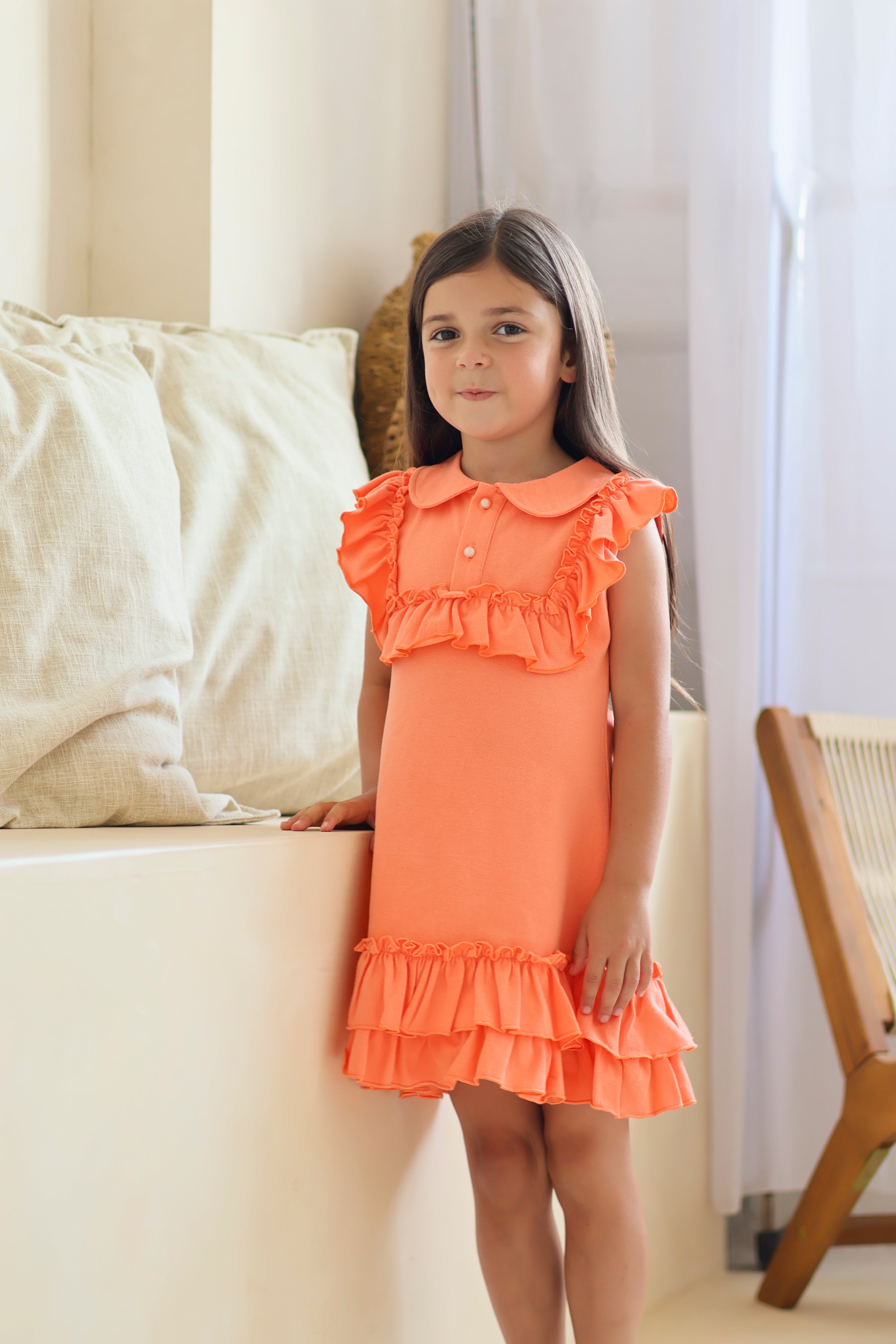 Ellie Girls Frilly Ruffle Polo Dress Coral