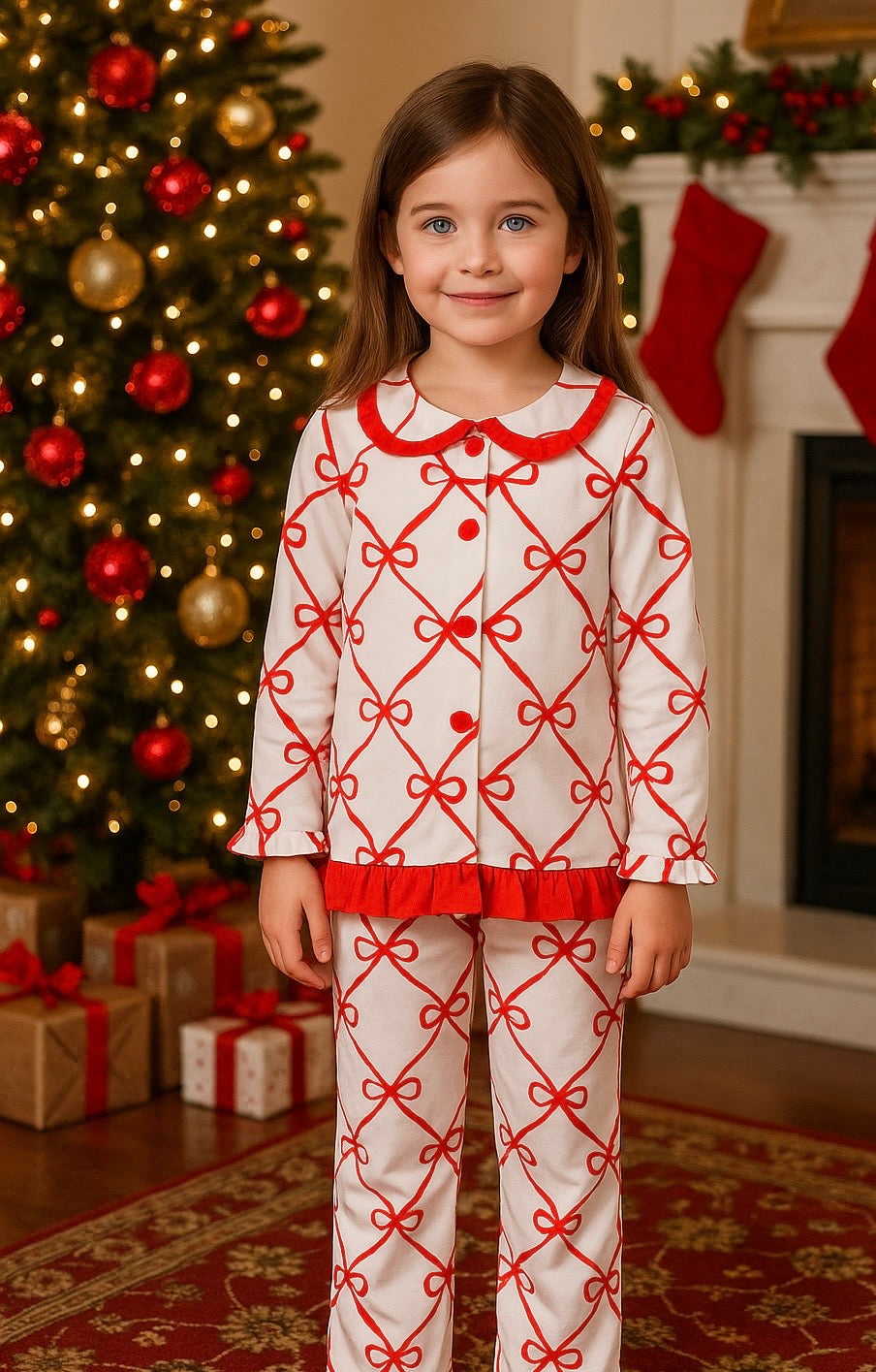Girls Bow Print Frilly Pyjamas Red