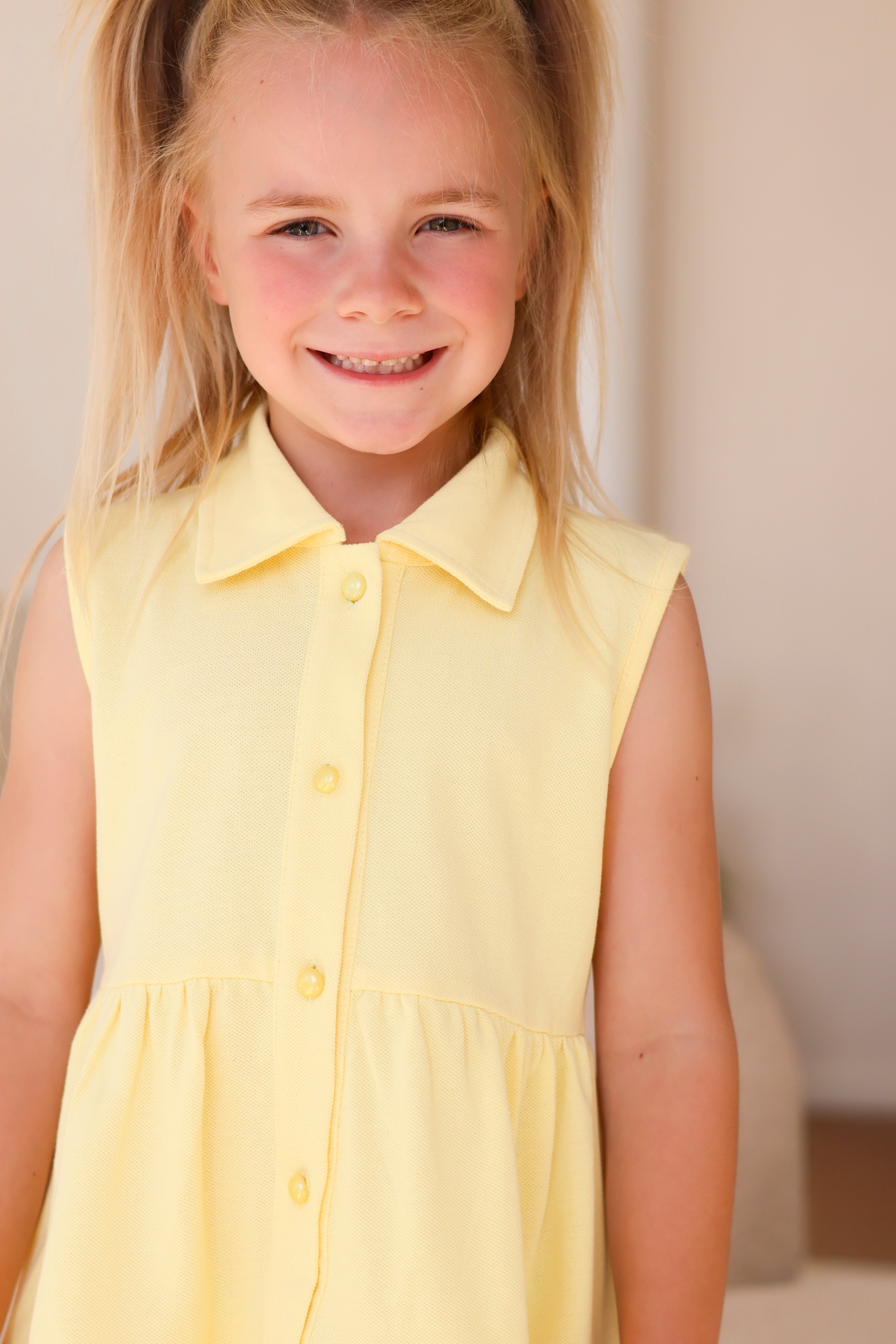 Maya Girls Pearl Button Polo Dress Lemon