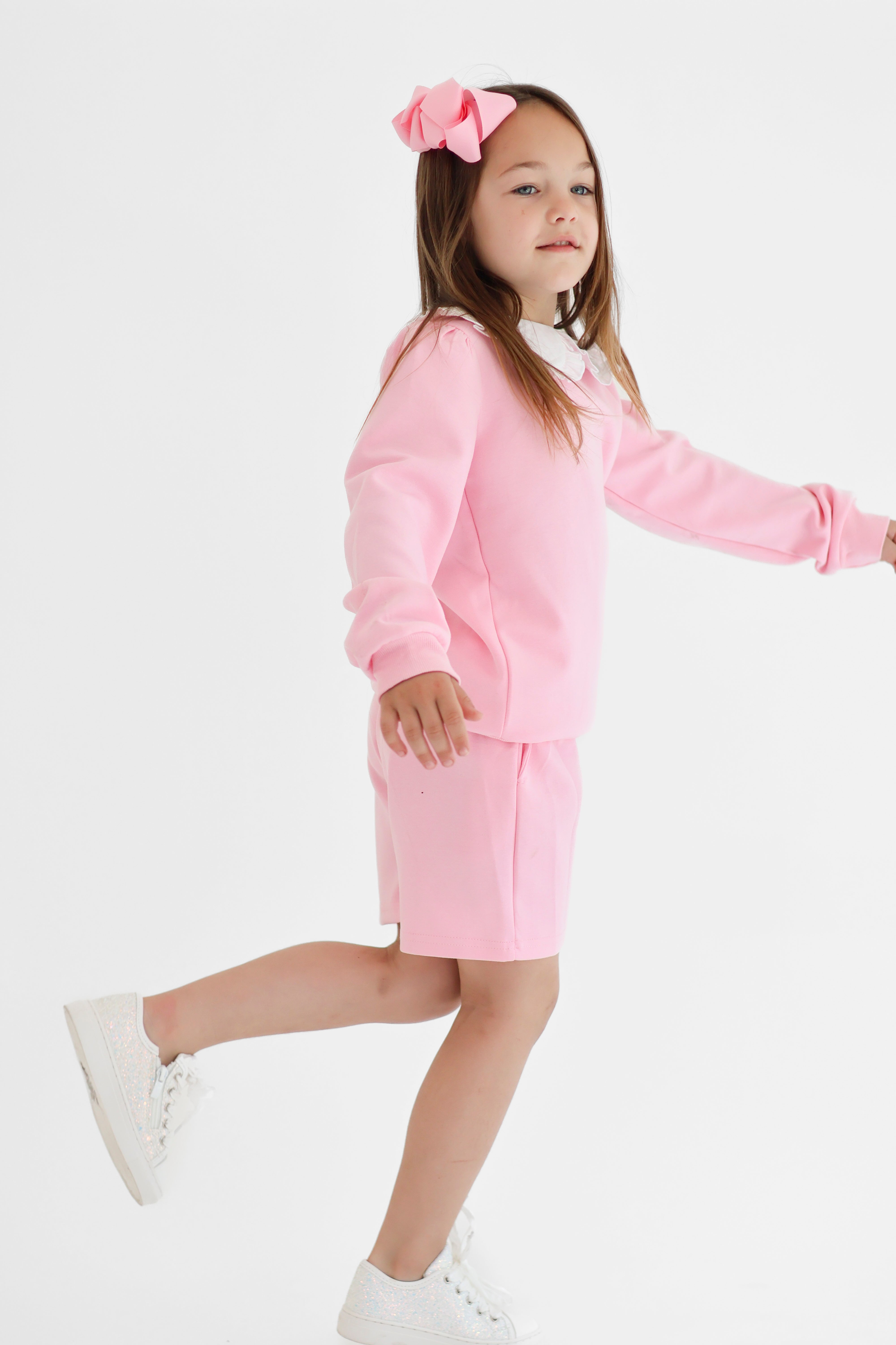 Emily Girls Frilly Collar Jumper & Shorts Set Pink