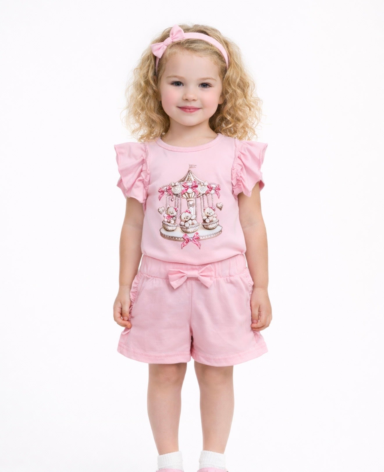 Girls Teddy Carousel Diamanté Top and Short set Pink