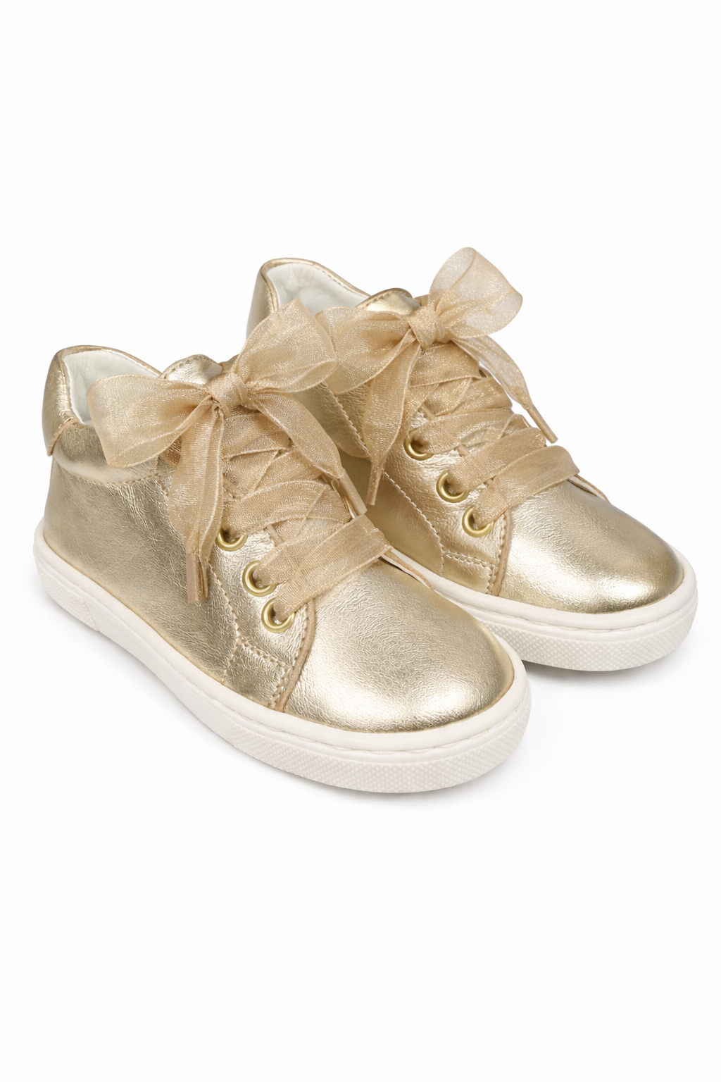 222297 Girls Ribbon Lace Up Leather Trainer Gold