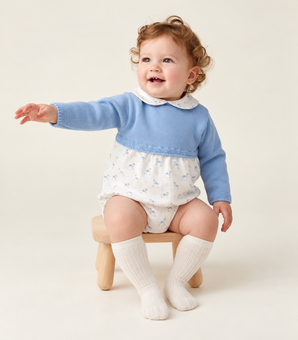 Rocking Horse Pex Knitted Peter Pan Collar Romper Blue