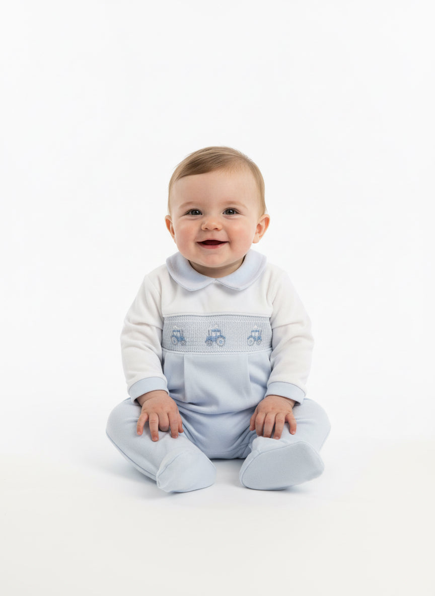 AV6138 Boys Tractor & Smocked Baby Grow Blue