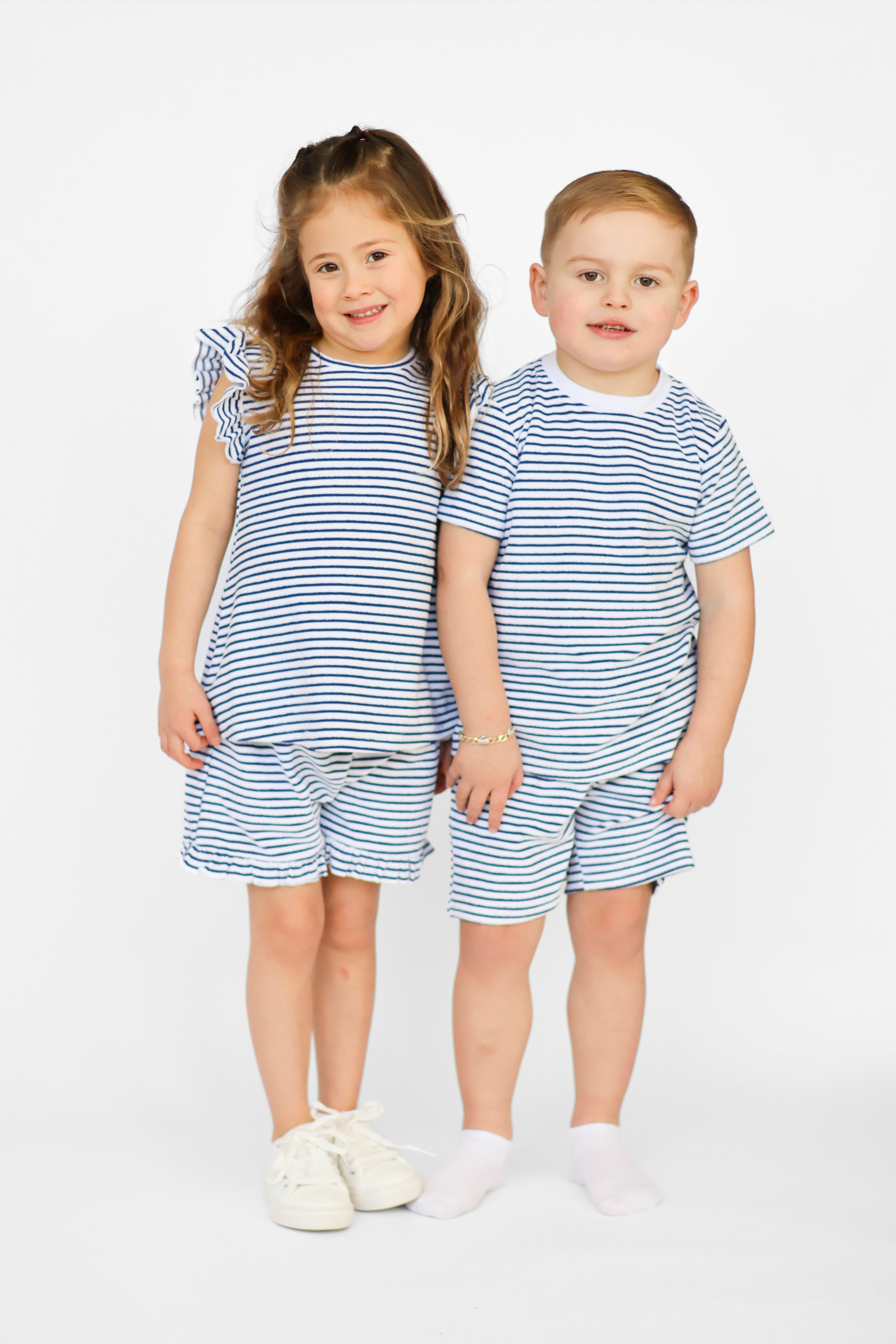 Leo Boys Stripe Towelling Plain Shorts & T-Shirt Set Navy