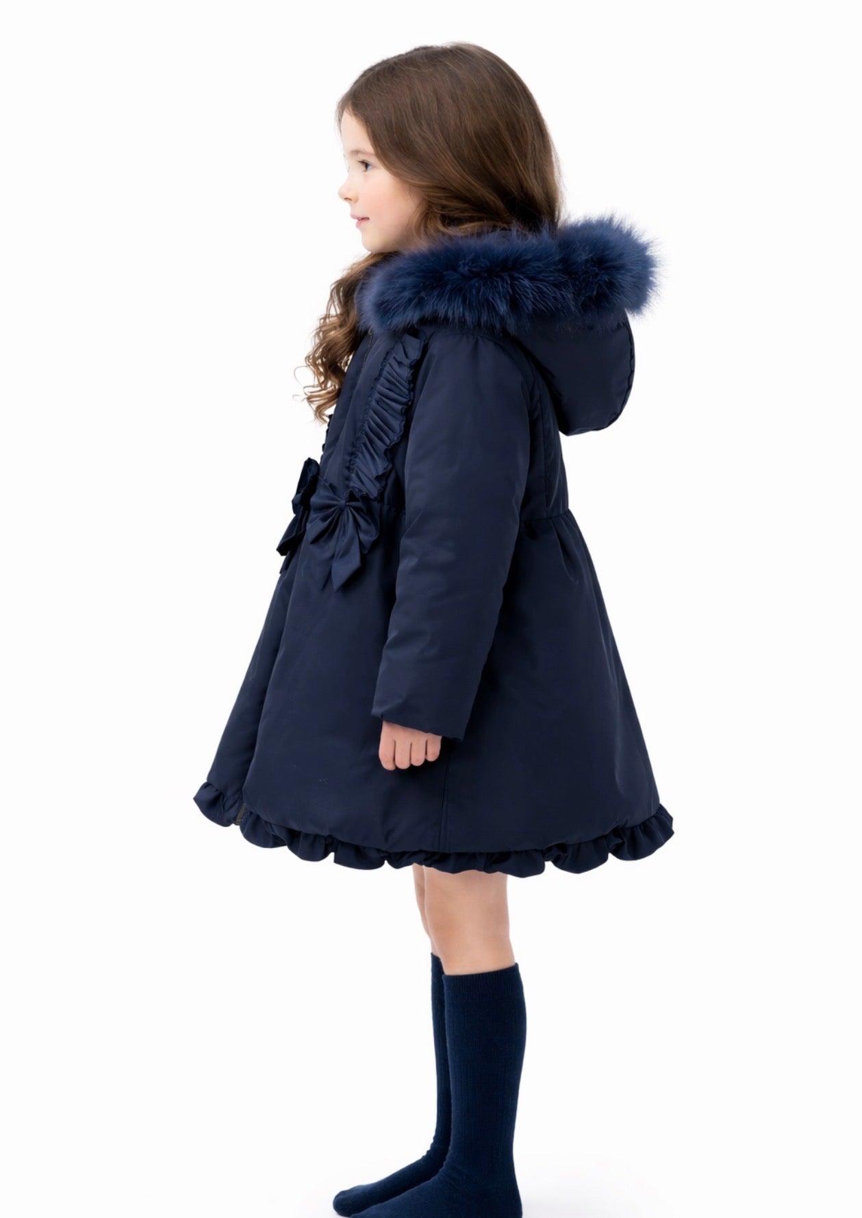 Scarlet Girls Padded Faux Fur Hood Frilly Bow Coat Navy