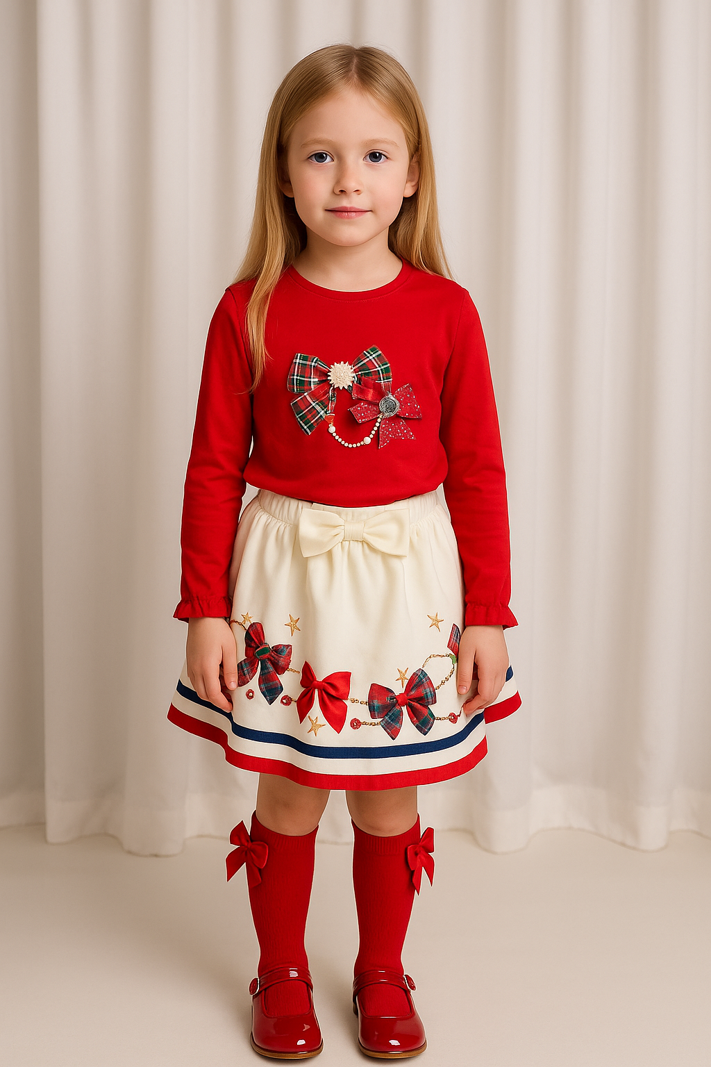 Girls Red Bow Diamanté Top & Skirt Set