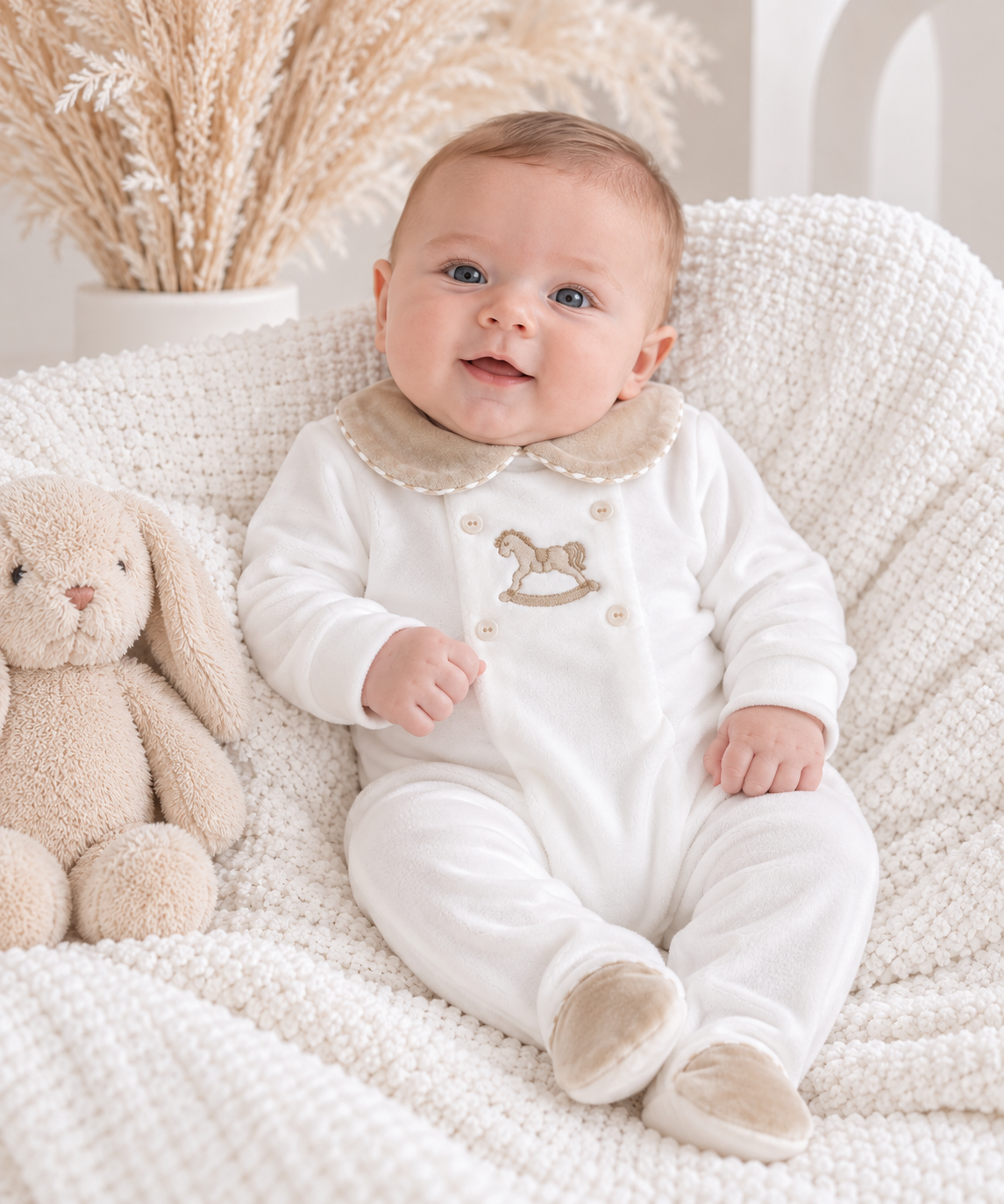 George Babygrow Embroidery Horse White/Beige Velour